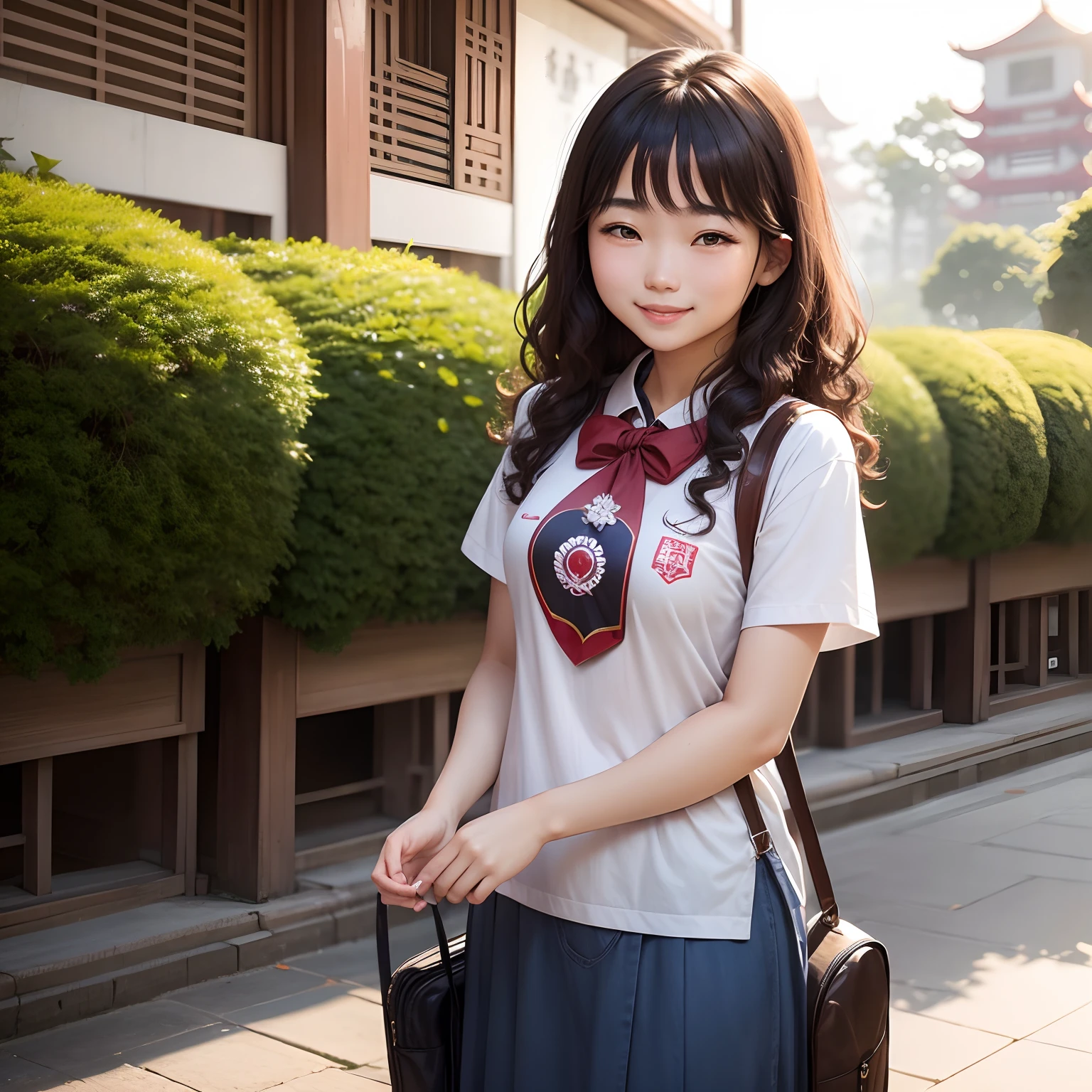 A Chinese female college student with brown curly hair smiles confidently in front of Sun Yat-sen University
