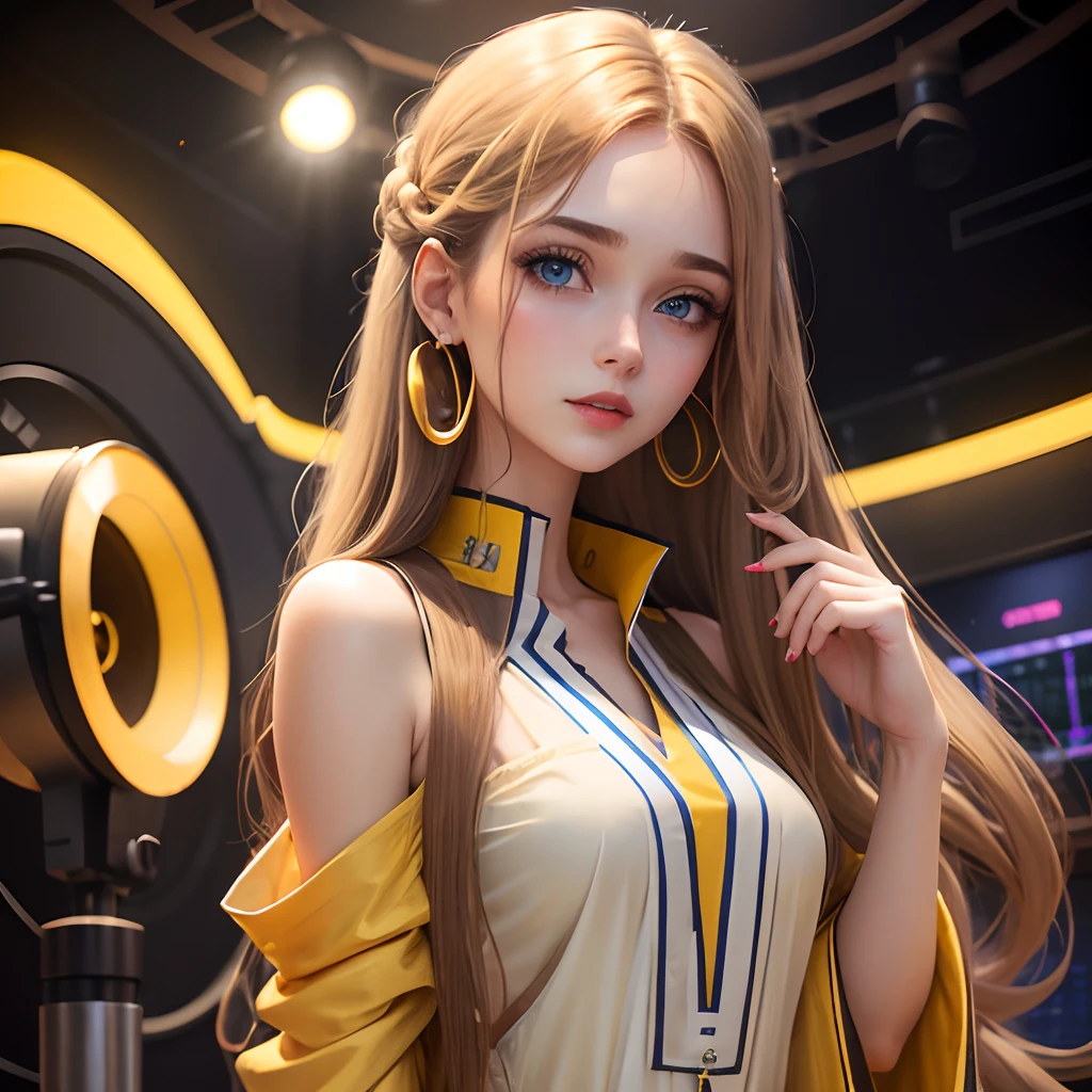 Cute girl blue eyes, long brown hairs, smooth face, long yellow kameez with white outline , yellow shalwaar ,  red lipstick, beautiful hair style, wearing earset microphone, standing in a studio