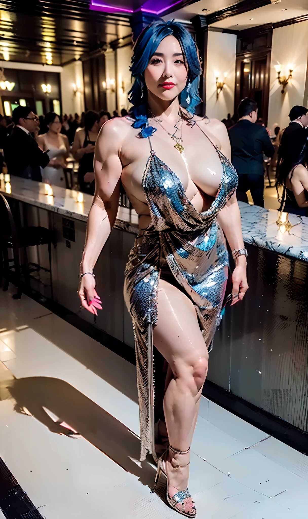(8k, 4k, best quality, highres, ultra high res:1.2), (masterpiece, realistic, photo-realistic:1.1), Femme fatale(1girl)The body is voluptous and curvy,massive huge breasts, wide breedable hips, thick toned flawless thighs, blue hair, silver luxury heels, standing, (((arms behind head:1.3))), (((in themiddle of luxurious socialite party hall:1.3))), full body to boot, surroinded by (((male crowds:1.4)))