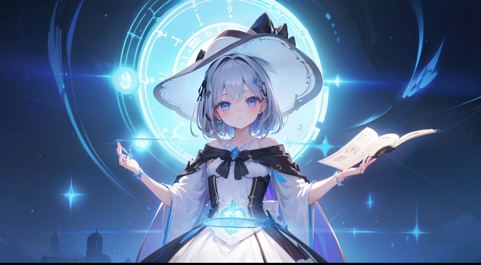 ((Best quality)), ((Masterpiece)), ((Ultra-detailed)), (illustration), (Detailed light), (An extremely delicate and beautiful),A charming young girl,Dramatic perspective,(((Time magic))),magestic,light pollution