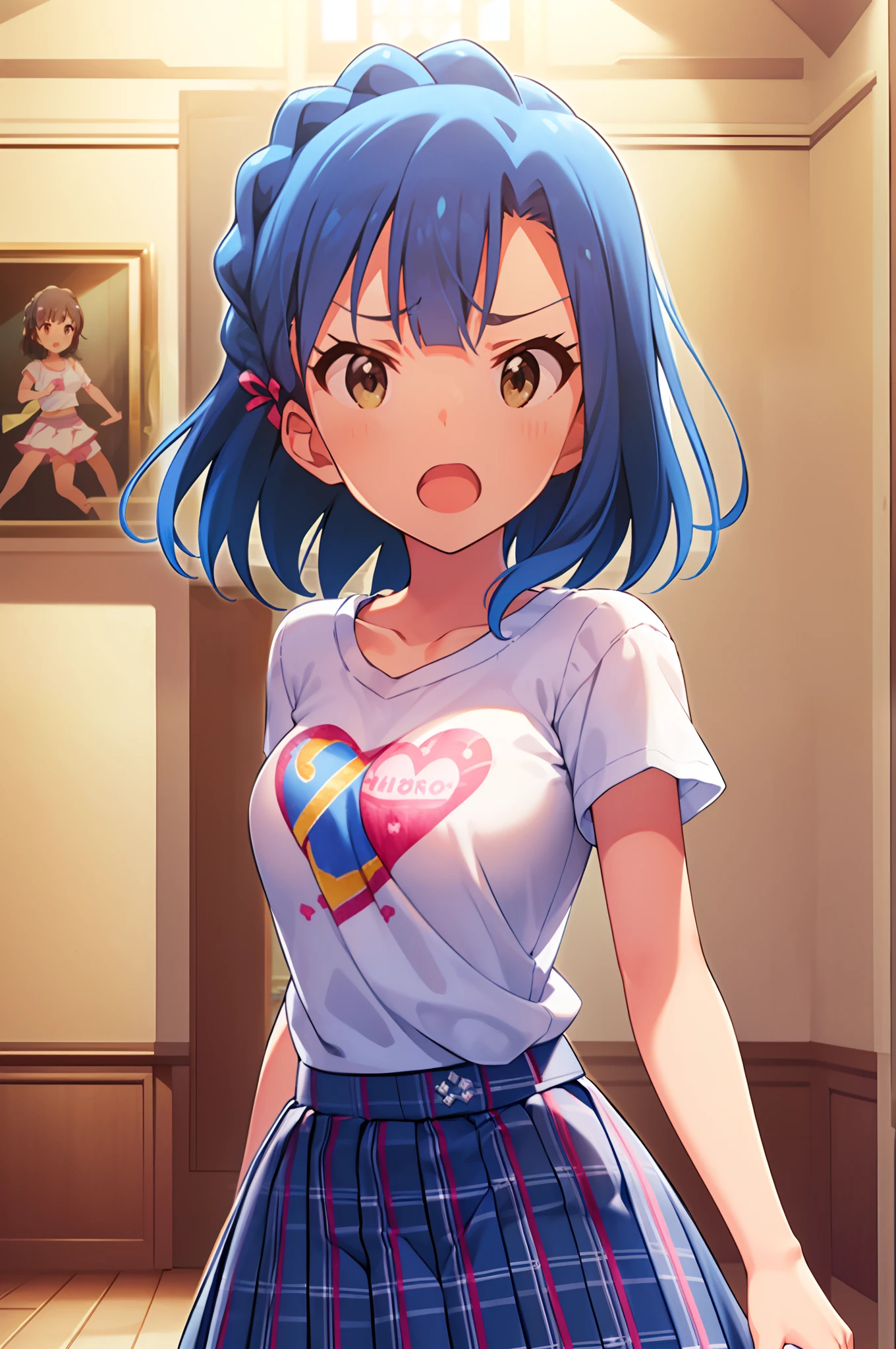 yuriko nanao (million live). Short stature. (((white t-shirts))).(((Skirt))).(((masterpiece))).(((best quality))).((Ultra-detailed))).(((illustratio))).(((a room))).(((make a fist))).(((up chest))).Despair face.(((short-hair))).((big breasts)).((Opening Mouth)).
