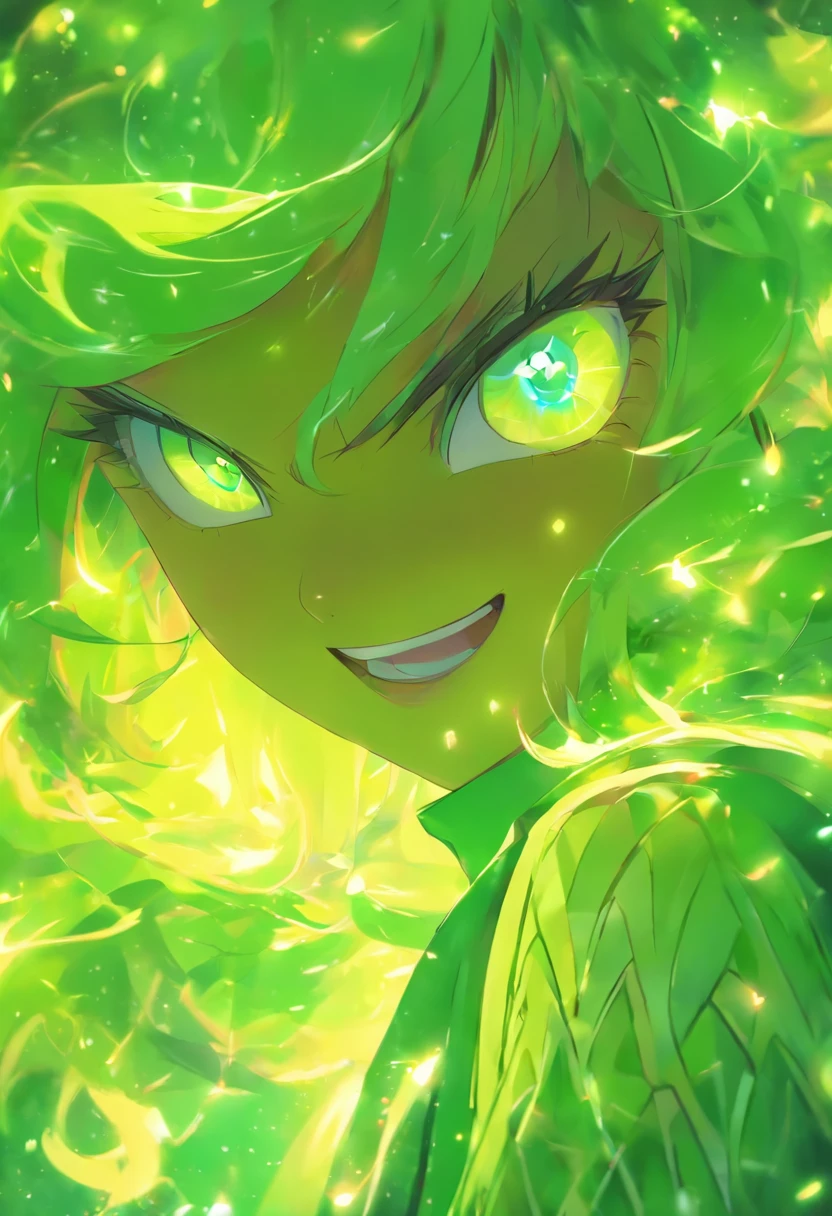 {{Best quality}}, {{Masterpiece}}, {{super ultra detail}}, {{illustration}}, {{Detailed light}}, one-girl,Lime yellow hair,O cabelo multicolorido, Turquoise eyes, style,( beast ear),The robes of the priests,green color,(Dynamic lighting:1.2),