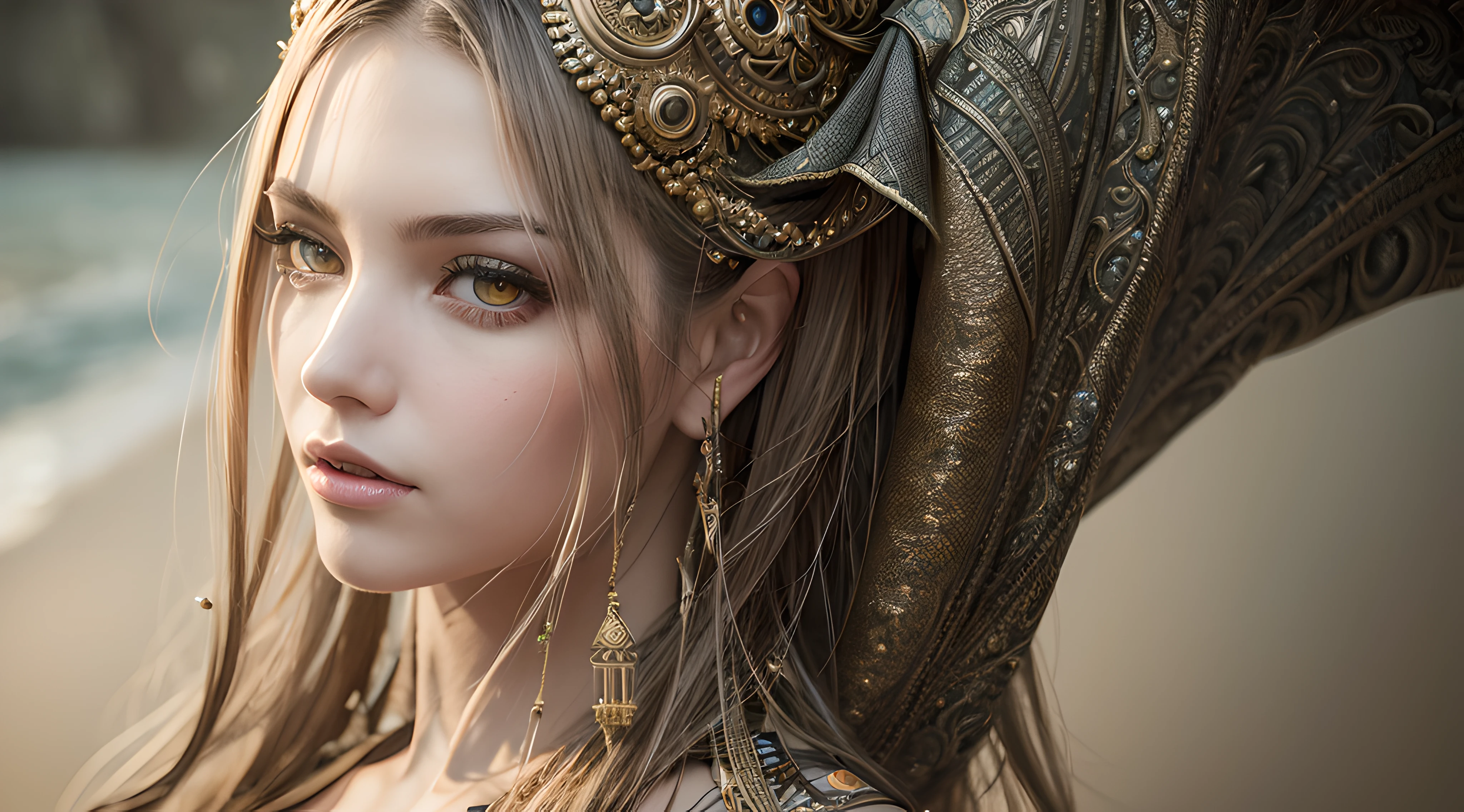 Waist high Portrait of an exotic beautiful caucasian woman wearing trendy clothing at a beach, perfect detailed face, detailed symmetric hazel eyes with circular iris, realistic, stunning realistic photograph, 3d render, octane render, intricately detailed, cinematic, trending on artstation, Isometric, Centered hipereallistic cover photo, awesome full color, hand drawn, dark, gritty, mucha, klimt, erte 12k, high definition, cinematic, neoprene, behance contest winner, portrait featured on unsplash, stylized digital art, smooth, ultra high definition, 8k, unreal engine 5, ultra sharp focus, intricate artwork masterpiece, ominous, epic, TanvirTamim, trending on artstation, by artgerm, h. r. giger and beksinski, highly detailed, vibrant