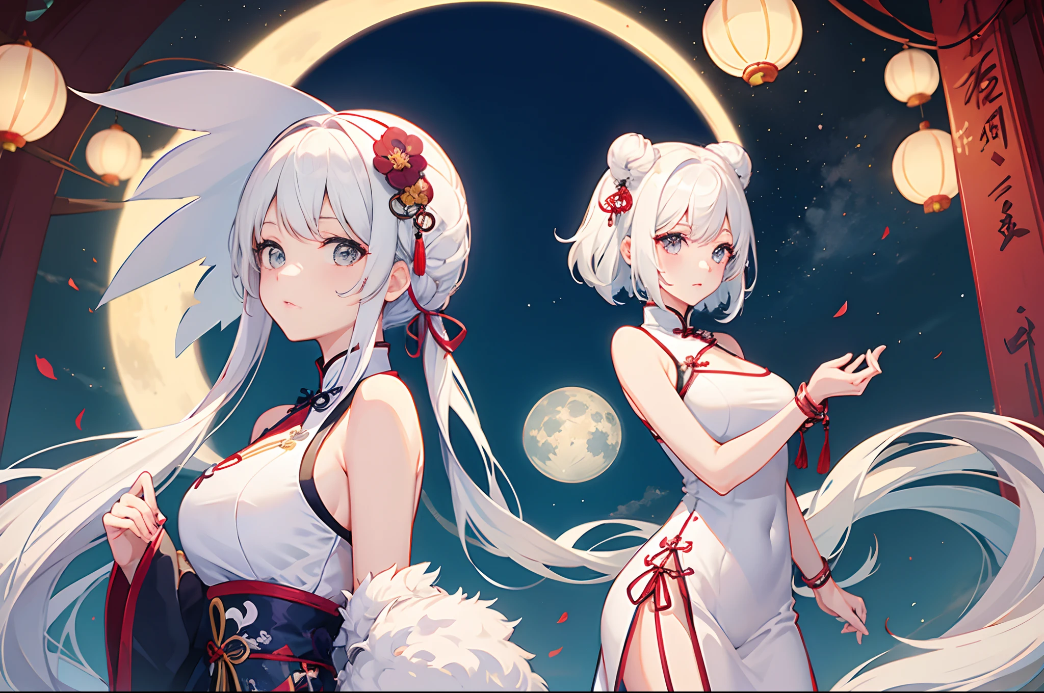 Girl with white hair，mid-autumn festival，China Cheongsam，Moon，the huge moon