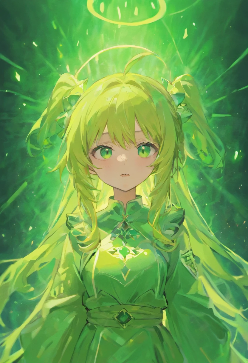 {{Best quality}}, {{Masterpiece}}, {{super ultra detail}}, {{illustration}}, {{Detailed light}}, one-girl,Lime yellow hair,O cabelo multicolorido, Turquoise eyes, Loli style,( beast ear),The robes of the priests,green color,(Dynamic lighting:1.2),