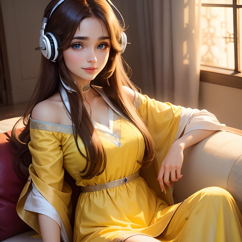 Cute girl blue eyes, long brown hairs, smooth face, long yellow kameez with white outline , yellow shalwaar , red lipstick, beautiful hair style, sitting on a sofa wearing headphones, smile on face