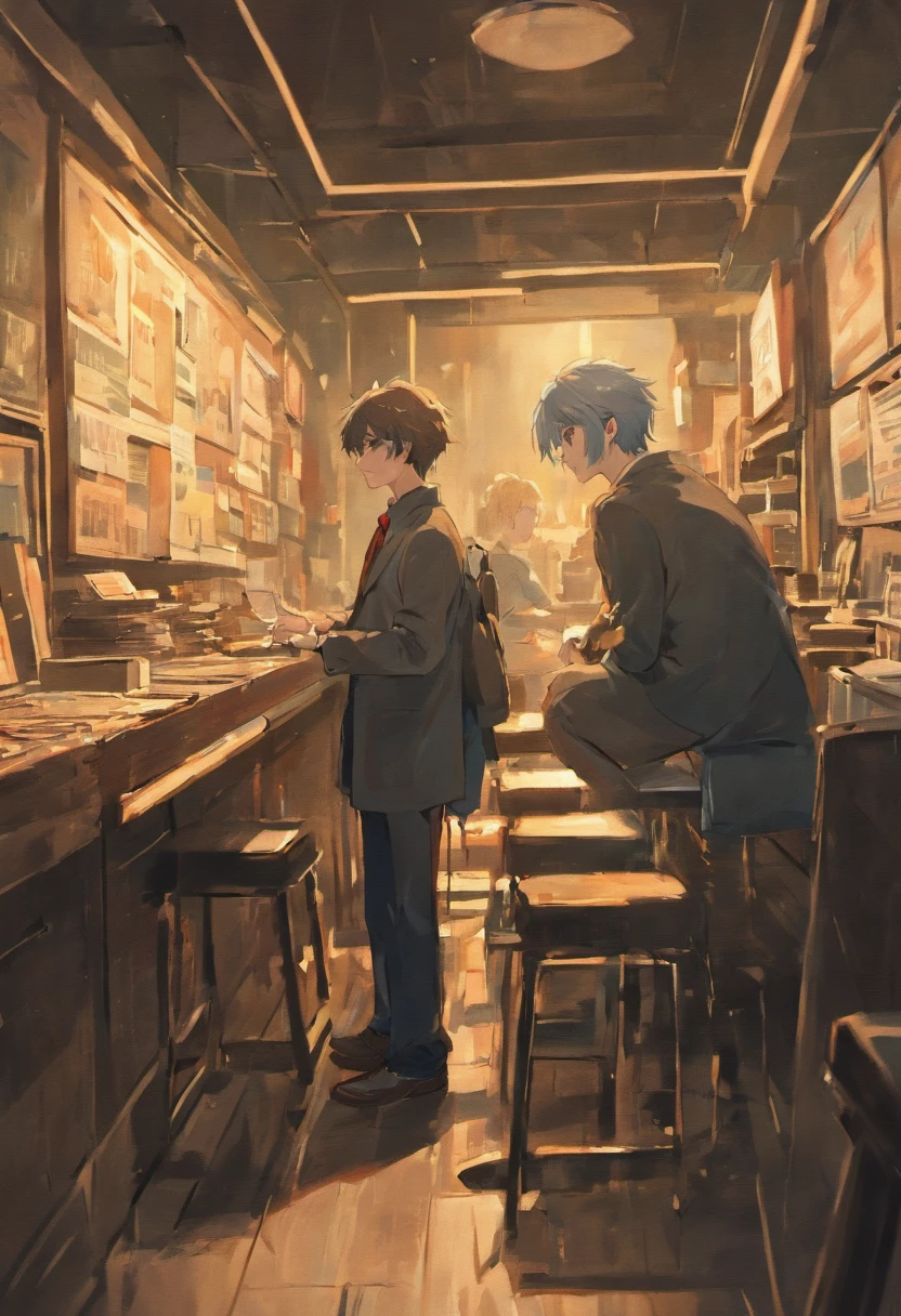 There were two men,A man stands on the right,Place one hand on the table,One person sits on the left side,Type on the computer with your head down
