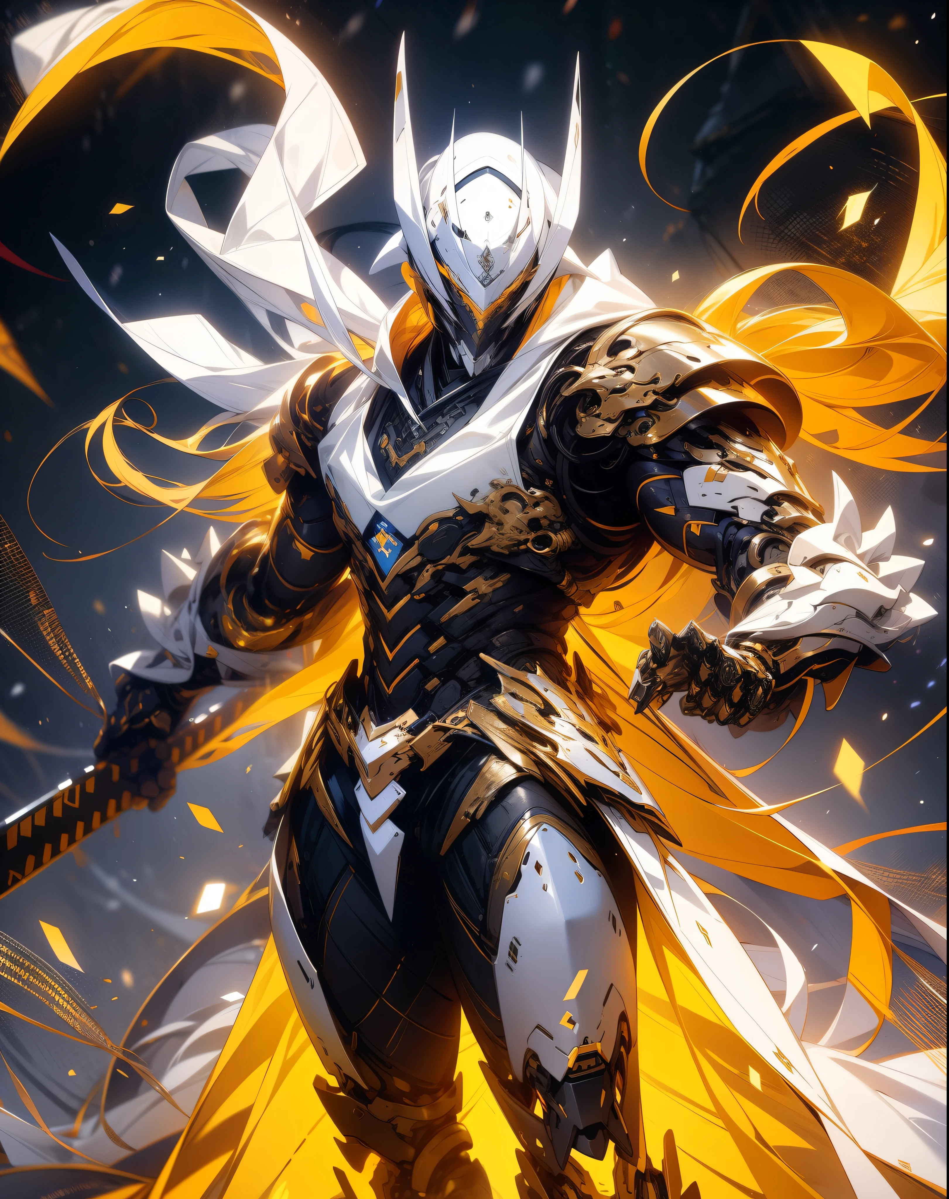 super wide shot, Full body frontal photo,Mecha male warrior， Jade Emperor style,《The mech colors are gold and silver-white》，（《Holding the Xuanyuan sword》，The sword is full of futuristic technology，），（Full body mecha）, Keqing from Genshin Impact, (Masterpiece) ， The best quality， High quality，Gold armor，电影灯光， （Exquisite future）， Beautiful and beautiful， Ultra detailed， great composition， Floating， Depth of field， （Very detailed CG，Unity 8k壁纸）， （Beautiful detail background）， dramatic lights， GOGETTA， Mecha，best qualtiy，超高分辨率，