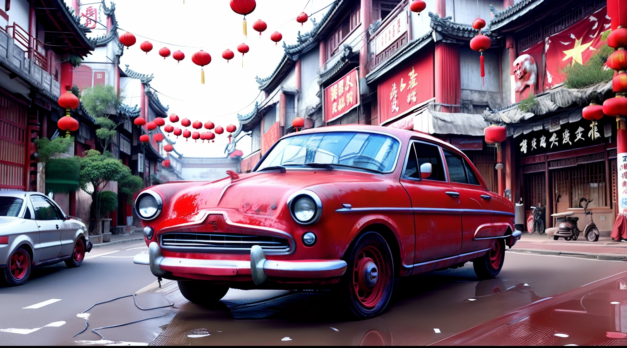 realistic car with red paint in a Chinese town