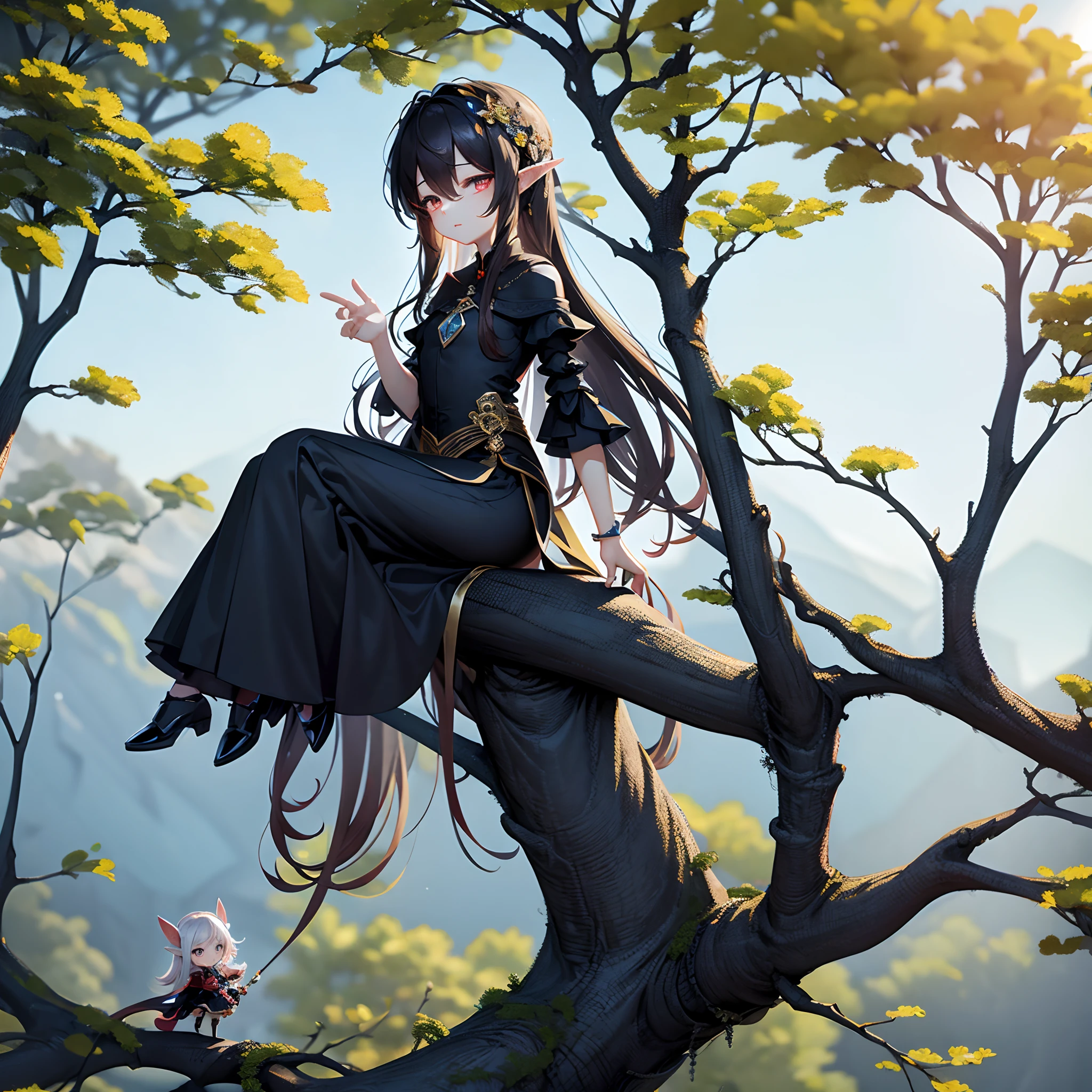 tmasterpiece，Dark night，The elf little princess sits on a tree branch，Looking at the view。