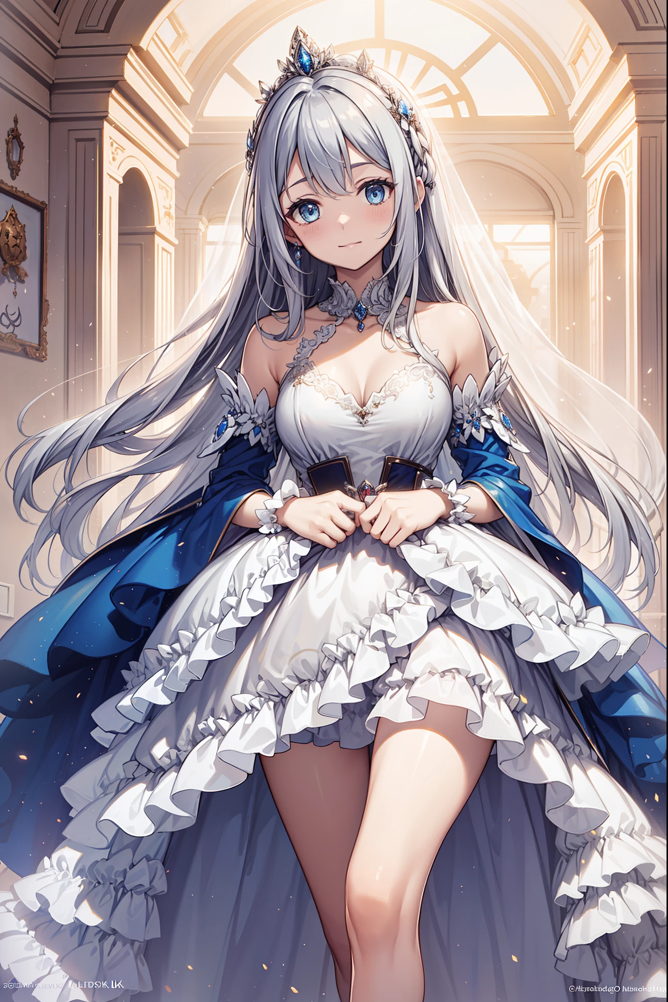 (Best quality,4K,8K,A high resolution,Masterpiece:1.2),Ultra-detailed,Beautiful girl,Enchanted,Enchanting,cheerfulness,divino,Magical effect,Silvery-white hair,eBlue eyes,Pale pink wedding dress,The bride's crown,A small amount of sky blue cloth,Sophisticated attire,Layered skirt,detailed lace,Delicate ruffles,Bedroom,solo person,during night,Sacred stripes,transparent costume,jewel embellishment