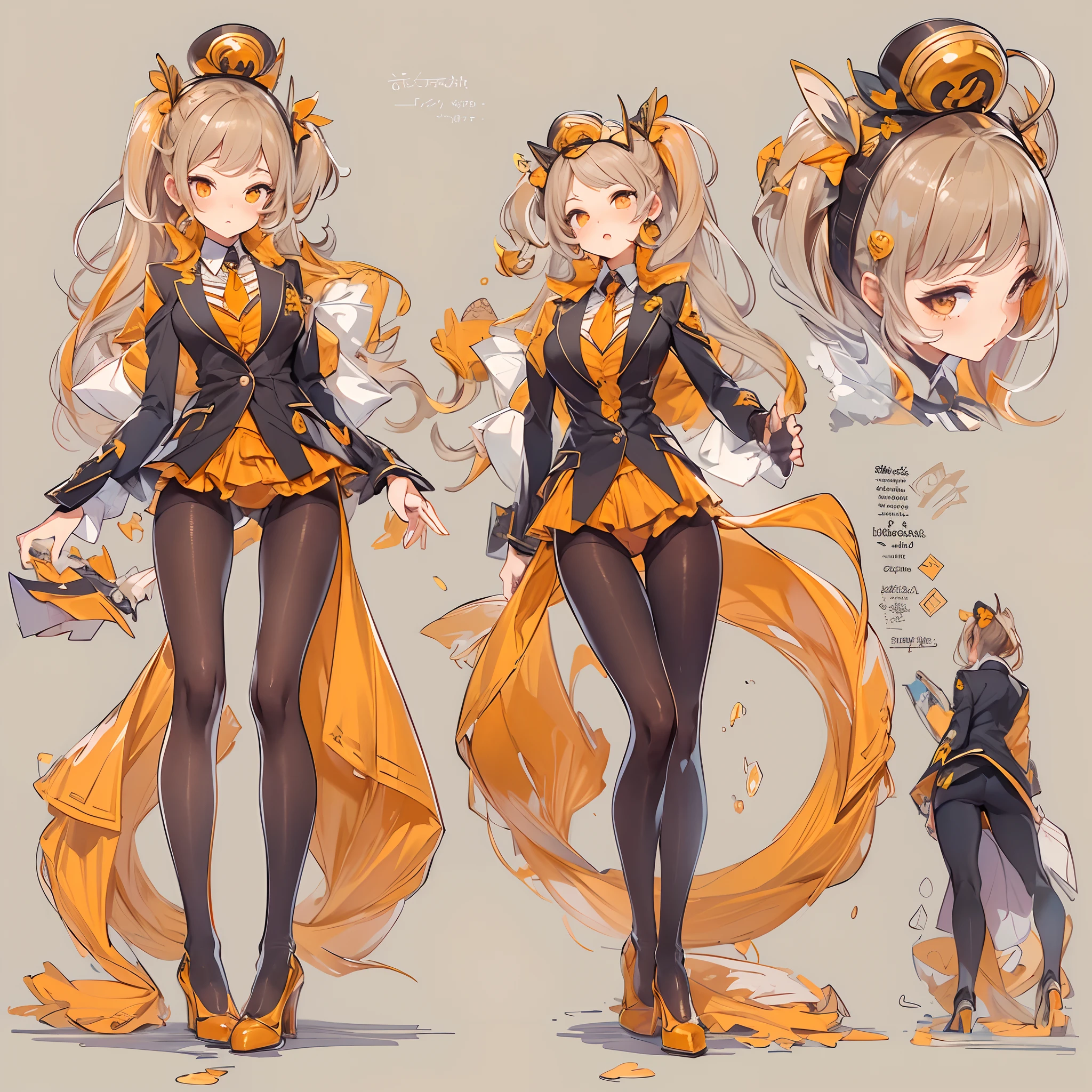 ((Masterpiece, Highest quality)), Detailed face, CharacterDesignSheet， full bodyesbian, Full of details, Multiple poses and expressions, Highly detailed, Depth, Many parts，beuaty girl，Detailed eyes, ssee-through，Business suit，Orange caramel，lacepantyhose，estilo fantasia，Extremely beautiful，High Balance, Natural light，Orange garnish