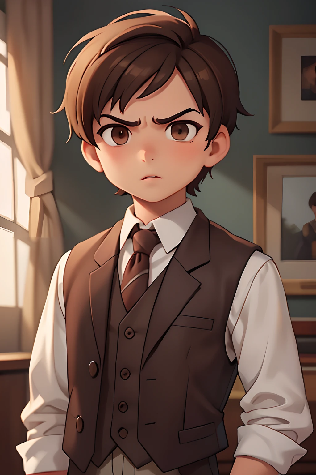 masterpiece, 1boy, young, handsome, brunette short hair, perfect face, detailed eyes and face, brown eyes, serious expression, vest, clean shaved, capturing an elegant atmosphere, dynamic lighting
