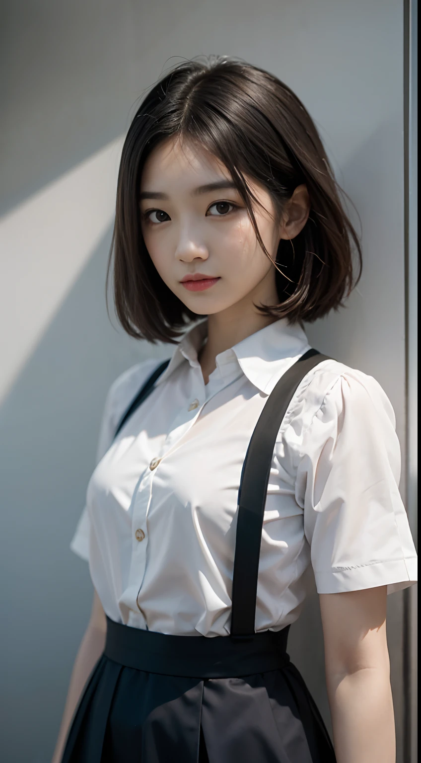 tmasterpiece，super high image quality，真实感，Three-dimensional feeling，physically-based renderingt，8K，Short black shoulder-length hair，A female high school student，Chinese face，Medium height，with a good figure，White dress shirt，white  skirt，Dress generously，Back against the wall，stand posture，Front Shooting，fully body photo，ssmile，slightly red face，The background is real，Look at the audience，Oriented to the layout is reasonable，SLR shooting，