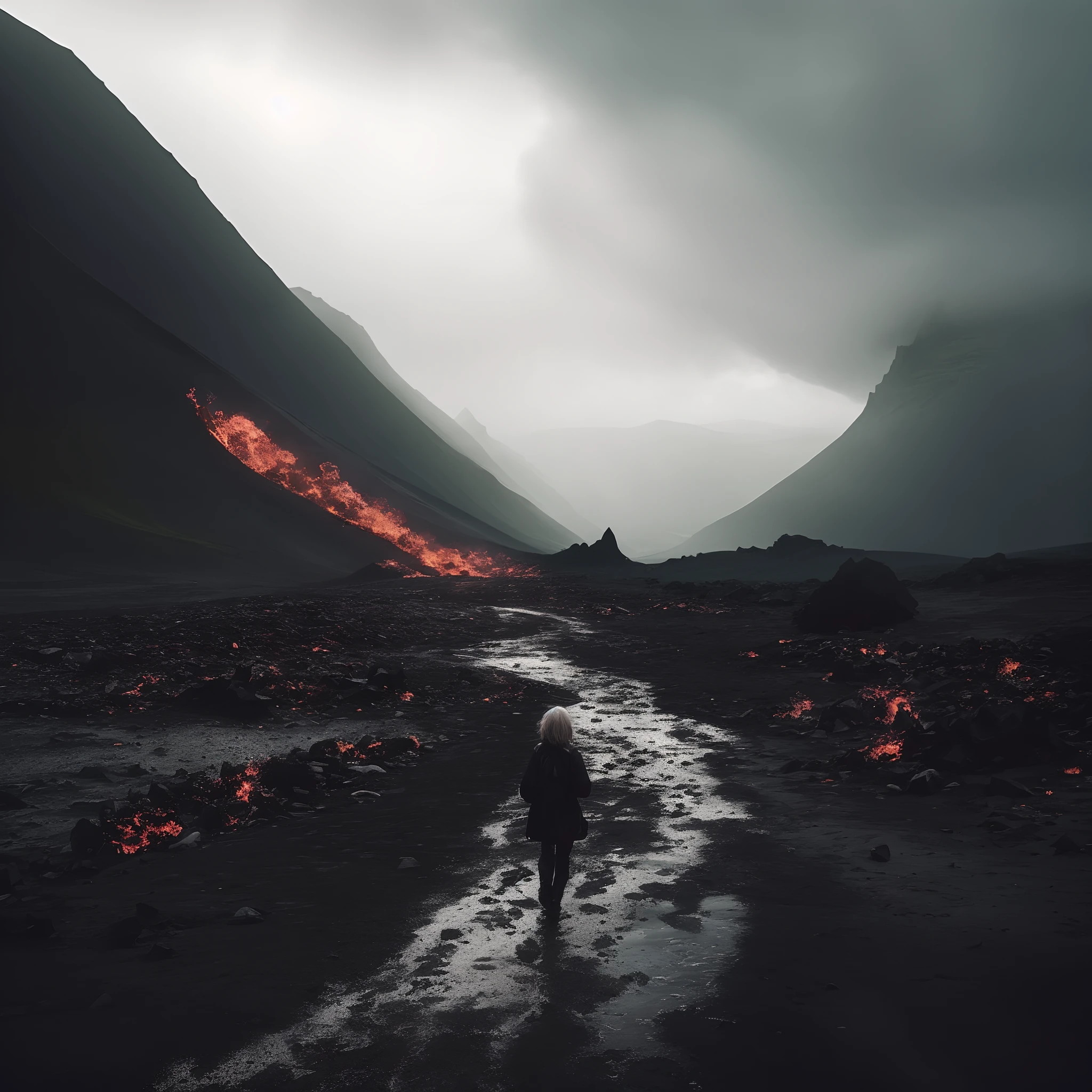 View of a woman walking on a dirt road in front of a volcano, Real hell view in the background, in volcano, in volcano, In the volcano, Lava in the background, hell in the background, with a volcano in the background, black volcano afar, active volcano, standing close to volcano, Hellscape, amazing volcanic eruption, Travel through hell