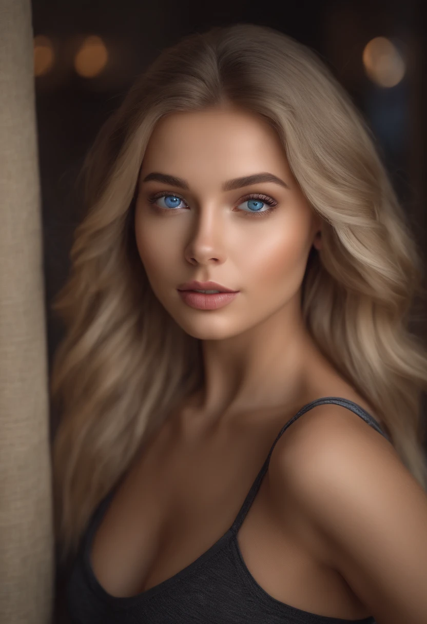 arafed woman fully ,  with blue eyes, ultra realistic, meticulously detailed, portrait sophie mudd, blonde hair and large eyes, selfie of a young woman, violet myers, without makeup, natural makeup, looking directly at the camera, face with artgram, subtle makeup, stunning full body, medium to large size bust; ; ;doing excersice in the gym