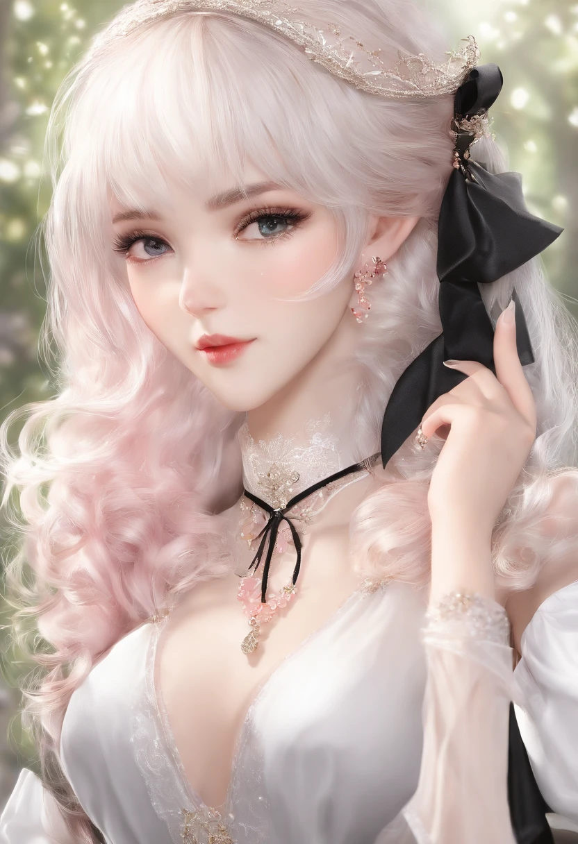 (Complete head：1.9)，meticulous portrayal of face，1 noblewoman，a matural female，Black dress long dress，(White suspender stockings+)，(high-heels)，(White stocking feet+)，Pink White Long Hair，bared  chest，Prom background， Perfect body， s the perfect face， perfect hand， Perfect Finger， Perfect lips， perfect  eyes， Perfect background