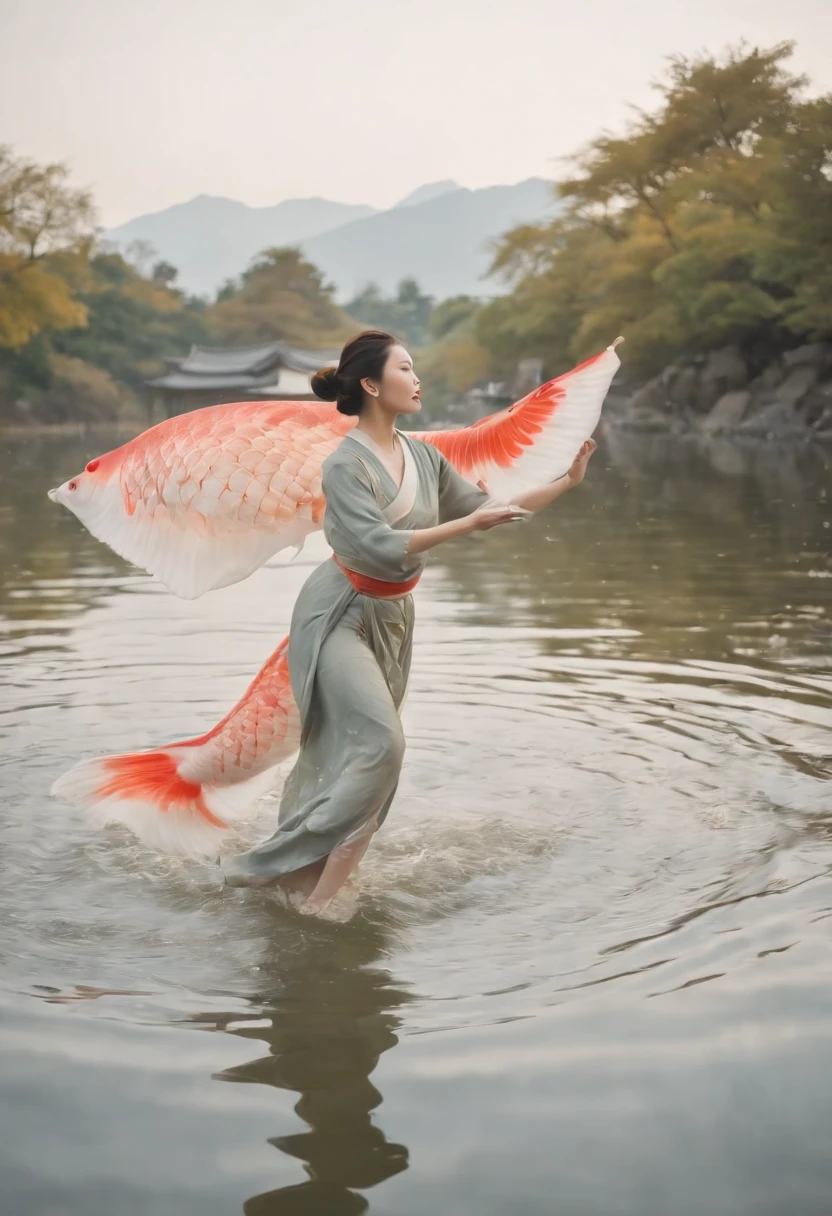 Best Quality, style of hokusai, ukiyoe painting, Dancing Woman, (Floating carp), Flying carp