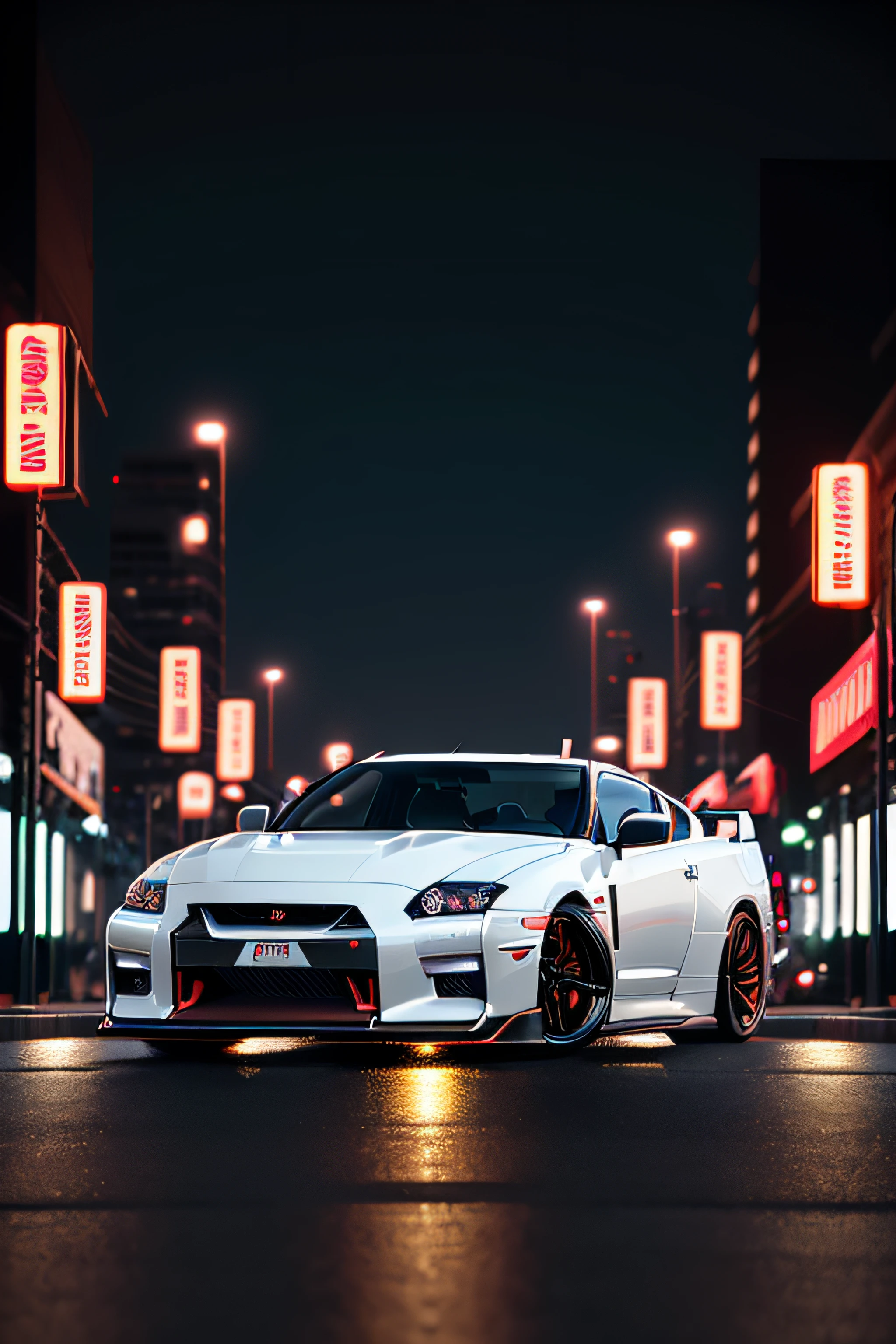 Dark white Nissan Skyline GTR in a neon city at night, Grabado con una Sony Mirrorless, 35mm, Cinematographer, Kinematic, hiperrealista, Tendencias en parpadeo