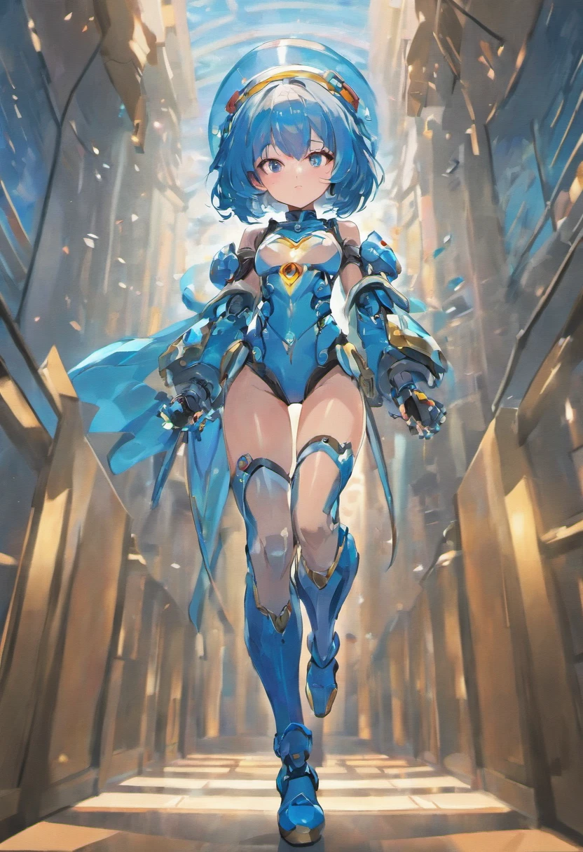 (masterpiece, highest quality, highest resolution, distinct_image, detailed details): (Solo, lone girl, Japan face, blue haired girl, bob cut, full body figure, massive size breasts, sparkling blue colored eyes, pilot suit in metallic white and blue color, tight fit clothes, clothes covering the whole body, beauty, slim body, exoskeleton, sexy pose, heroine, Full face helmet, knee boots)