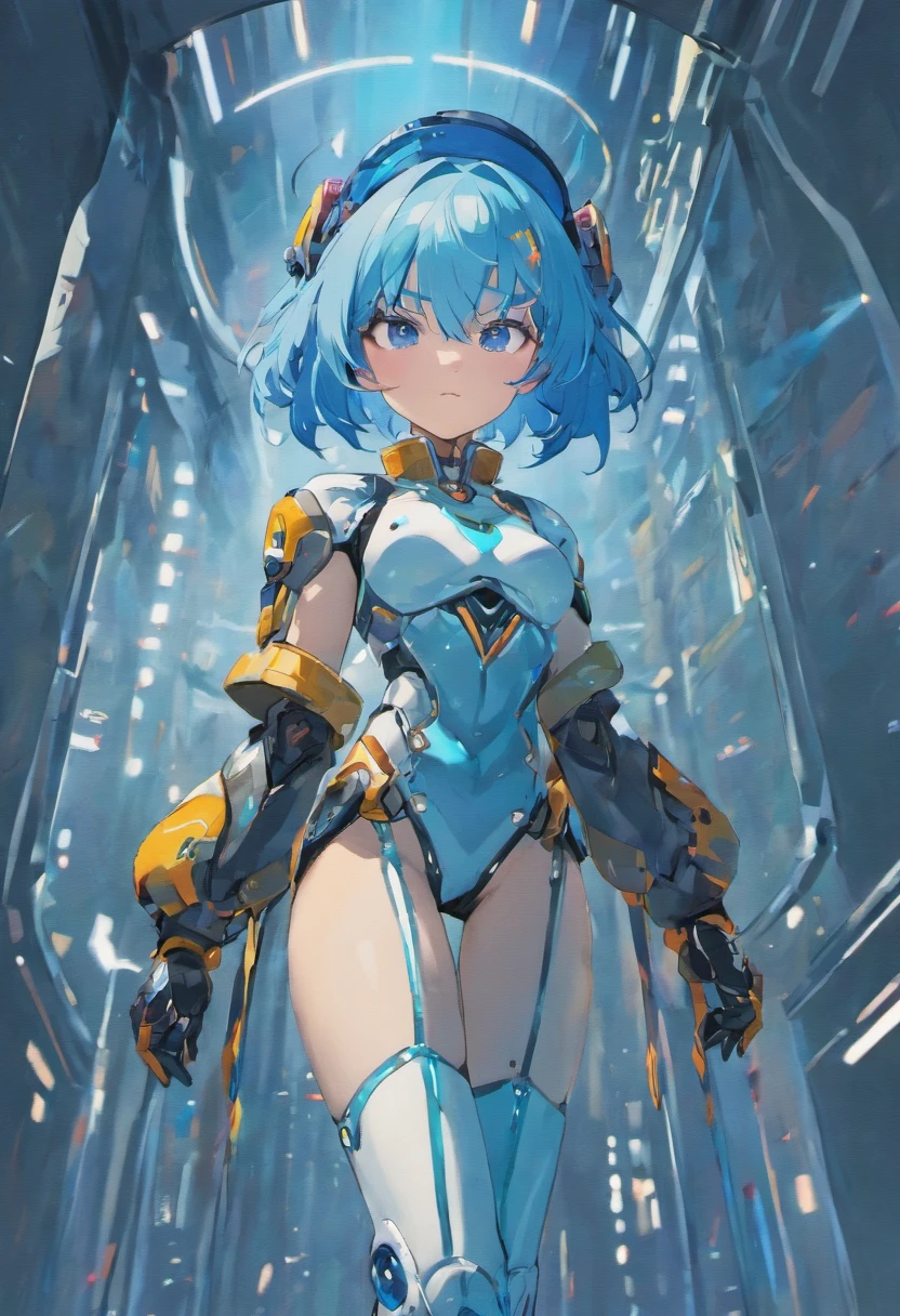 (masterpiece, highest quality, highest resolution, distinct_image, detailed details): (Solo, lone girl, Japan face, blue haired girl, bob cut, full body figure, massive size breasts, sparkling blue colored eyes, pilot suit in metallic white and blue color, tight fit clothes, clothes covering the whole body, beauty, slim body, exoskeleton, sexy pose, heroine, Full face helmet, knee boots)