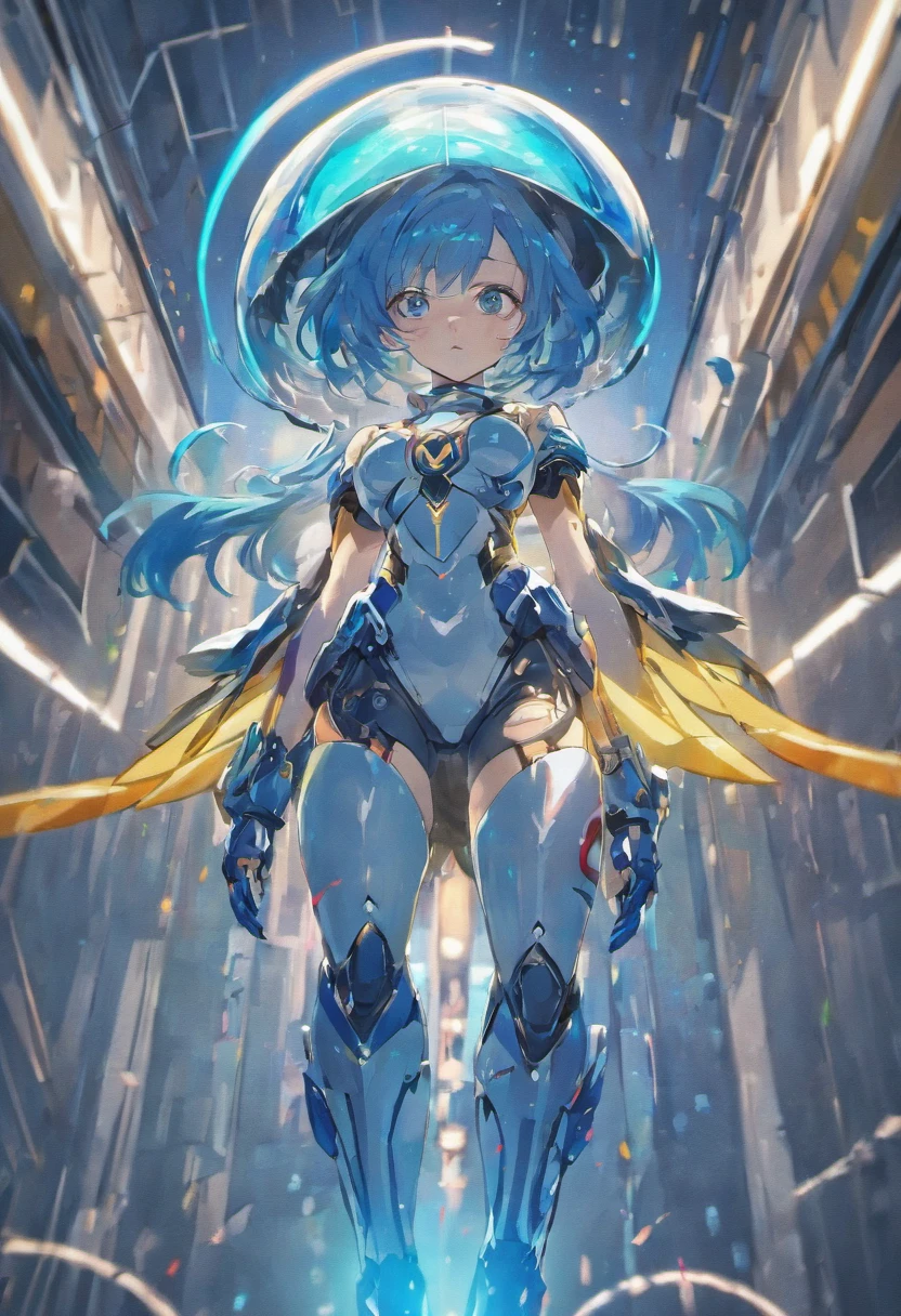 (masterpiece, highest quality, highest resolution, distinct_image, detailed details): (Solo, lone girl, Japan face, blue haired girl, bob cut, full body figure, massive size breasts, sparkling blue colored eyes, pilot suit in metallic white and blue color, tight fit clothes, clothes covering the whole body, beauty, slim body, exoskeleton, sexy pose, heroine, Full face helmet, knee boots)