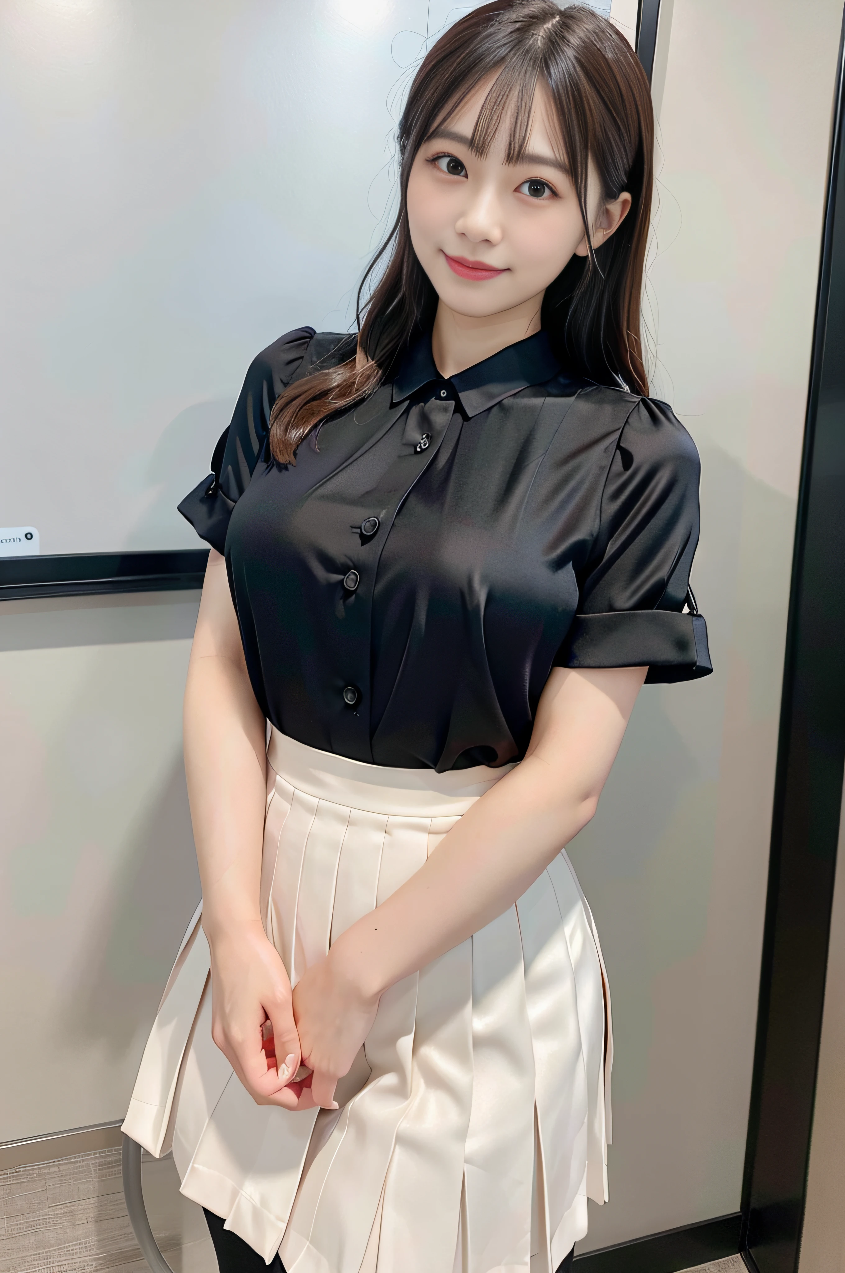Japanese woman, beautiful face,  masterpiece, HD, photorealistic, smiling, seductive, office wear, wearing office clothes,  very tight shiny silk button blouse, pleated silk skirt,  sfw, formal, physics based rendering, large breasts, silk leggings