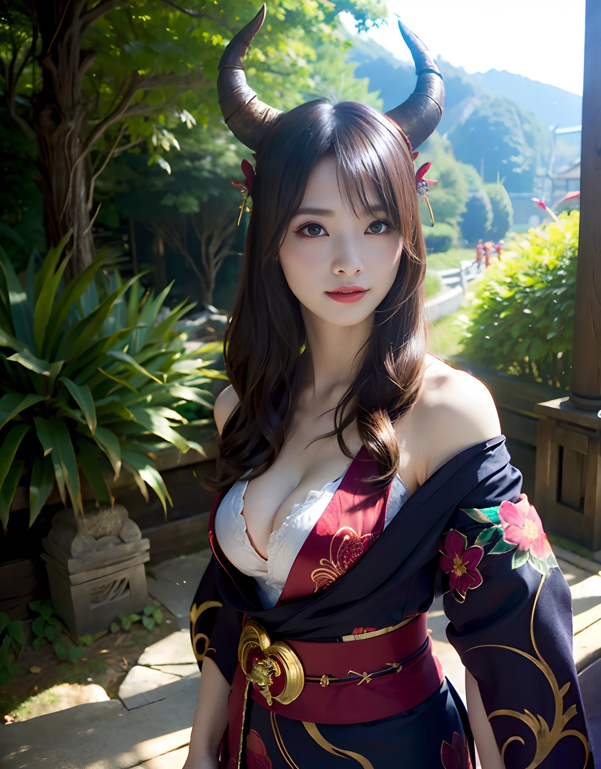 (((masutepiece,))),Professional , masterpiece、top-quality、photos realistic , depth of fields 、Raw photo、女の子1a person、glowy skin、(sexypose)、(Black maple on the background of full bloom),(Ultimate Beauty)、A dark-haired、Mystical expression、Light Effects、intense fighting、Wind-effect、ultrasharp、(shrine background)、(Kimono with beautiful pattern)、(Midnight background)、Beautiful hair ornament on the head、,(intense fighting),((Precipitous cliffs)),(Wear a beautiful kimono),(Wear a colorful and beautiful kimono)、cleavage of the breast、(Japan Castle Background)、Jewel Gold Weapon、Particles of light),(intense fighting)、Gorgeous gold weapons ,Castle background、(( Gorgeous Dragon Sword)) , (a dark night),,(maikurobikini) 、((Black Haired Beautiful Girl))、(Castle background)、(demonic wings)、((Gangle's forest background))、Beautiful Caucasian beauty、1a person、dynamic ungle,(((Two devil's horns on the head)))、Smaller head、Idle Smile、Thin and beautiful female hands、Mystical expression、Light Effects、intense fighting、Wind-effect、magic circles、With the legendary magic wand、Dragon's tail、Anatomically correct fingers、Full Body Angle、Anatomically correct number of fingers、