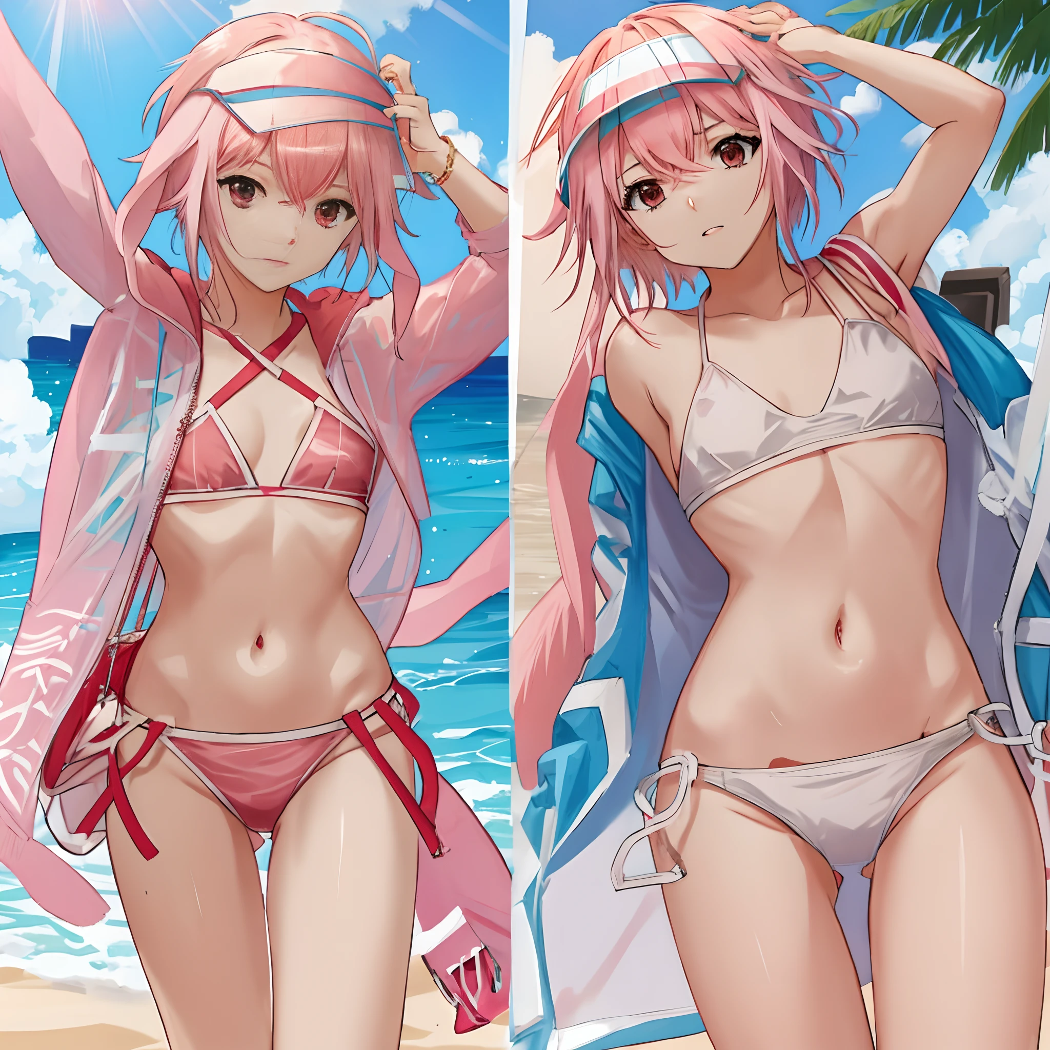 light pink colored hair,Bikini swimsuit,The kinky is exposed,Be red in the face,Shy,sandbeach