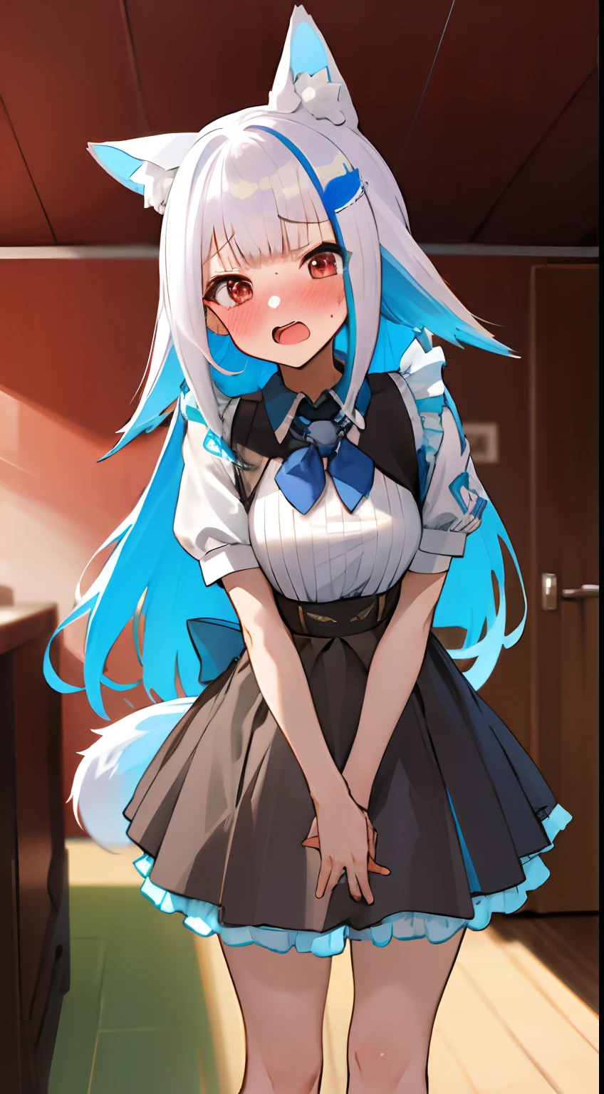 masterpiece, top quality, high resolution, 1girl, straight-on, standing, solo, open mouth, embarrassed, blush, maid costume, maid, mini skirt, short skirt, red cheeks, lineart, indoor, blush, open mouth, embarrassed, arms in chest, cat pose, moe pose, ear blush, looking at viewer, fox ear, fox tail, long hair, close up