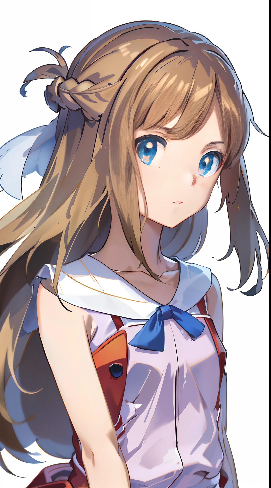 masterpiece, best quality, highres, serena \(pokemon\), long hair, blue eyes, 1girl, solo, red ribbon, eyelashes, neck ribbon, sleeveless, bangs, collarbone, bare arms, blue dress , orange coat, grey background, front, no scenery, looking at the viewer,upper body, facing viewer, solid color background, clean background, facing the camera, high resolution, expressionless calm face, grey back ground, looking away, simple_background