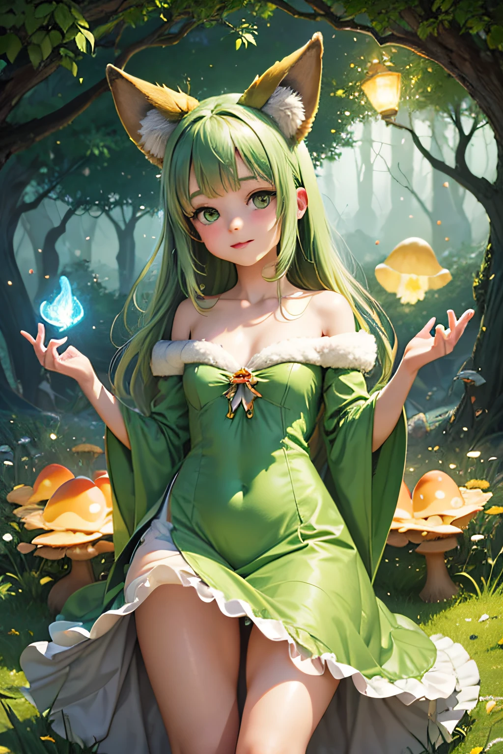 Picture a whimsical digital illustration of an endearing lady with expressive green eyes, wearing an adorable fox costume with fluffy ears and a bushy tail, surrounded by a fantastical realm of oversized mushrooms and glowing fireflies, reminiscent of the imaginative worlds found in Studio Ghibli films, producing a high-resolution image that radiates innocence and wonder