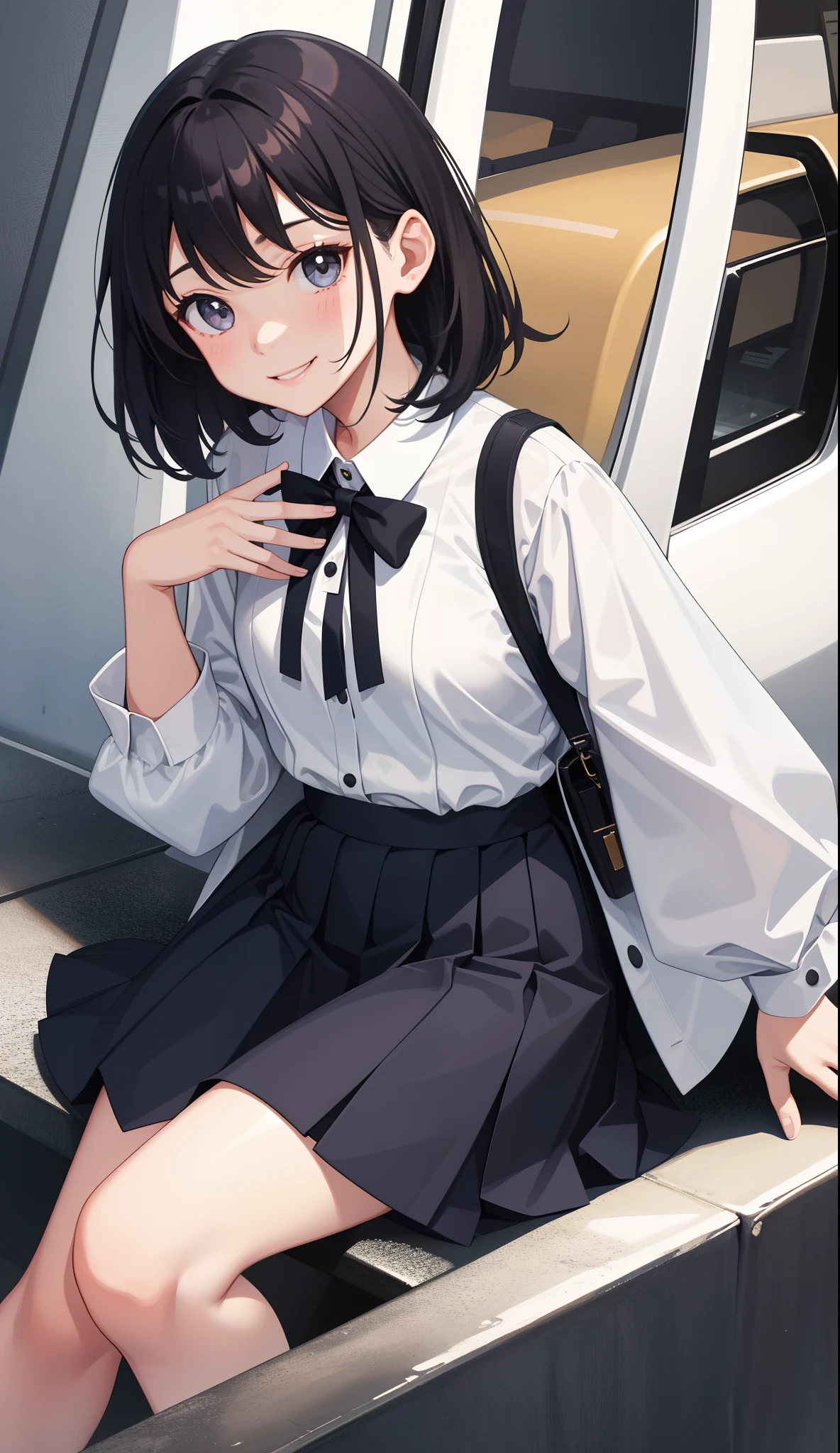 1girl in、A smile、A delightful! The shirt、pleatedskirt、White skirt、(small tits)Sleeping in large letters、
