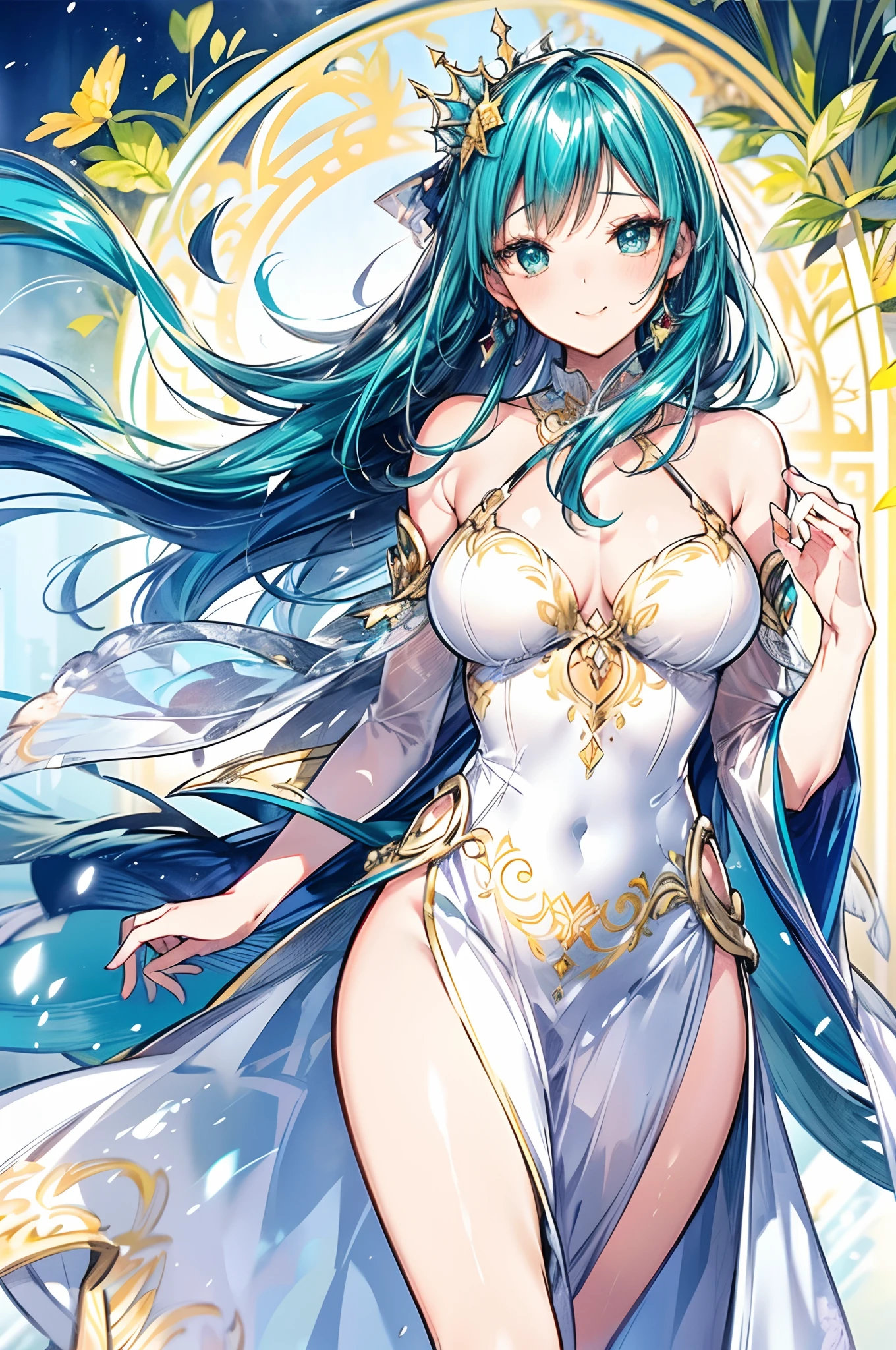 turquoise green hair, The silver and white dress is embellished with gold detailed ornaments,Light and dignified, Cute, Beautiful matured girl, (fine detailed beautiful eyes), weak smiling, Anime - Stylistic illustration of a woman in a white and gold dress, long dress with side slit, Anime goddess, ((a beautiful fantasy empress)), a beautiful fantasy empress, Alphonse mucha and rossdraws, trending on artstation pixiv, gilded lotus princess, beautiful goddess, Anime fantasy illustration, Beautiful young wind spirit, pixiv contest winner, Portrait Chevaliers du Zodiaque Fille, Digital art on Pixiv, (ultra high resolution:1.3, 8K RAW photo, photo realistics:1.2, thin outline:1.5), green grass background, windy effect, floating:1.5, extent flattering hair,