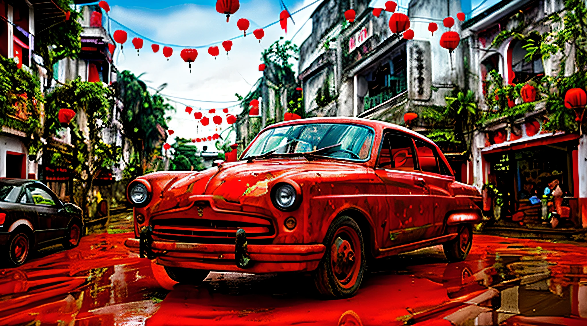 realistic car with red paint in a Hoian ancient town in Vietnam