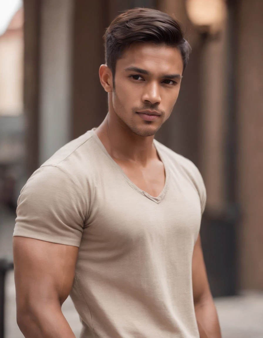 ((man)) good looking , brown skin , muscular , tan , toughboy , manly face , 25 years old, wearing short shirt, long pants , medium shot,Leisure, street.((upper body))