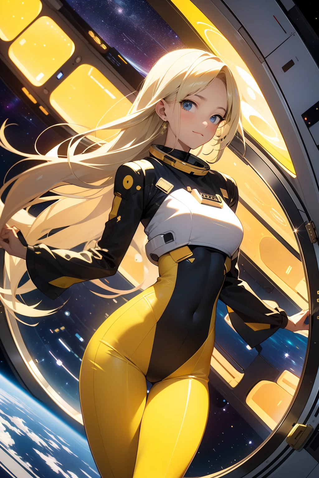 (masterpiece, best quality:1.2), solo, 1girl, mori yuki, slight smile, closed mouth, side view, looking at viewer, blonde hair, long hair, yellow bodysuit, skin-tight, perfect body, large window, (starship porthole:1.3), legs apart slightly, (standing:1.1), thigh gap, sensual pose, sideview, perfect hands, bright starship interior, (outer space view:1.1), (orbital view:1.3), (night, stary sky:1.5), milky way