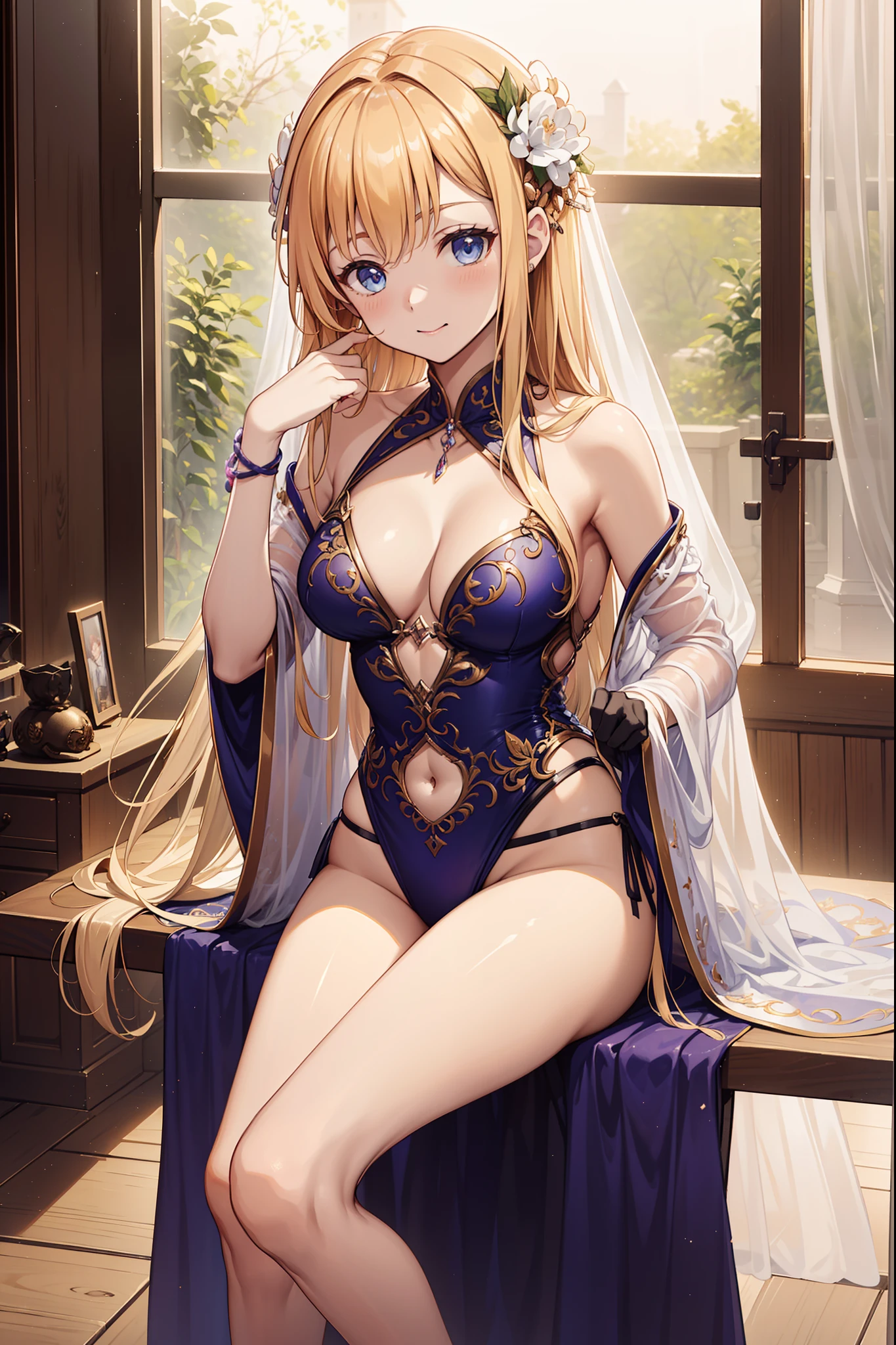 (Best quality,4K,8K,A high resolution,Masterpiece:1.2),s girl,Seductive pose,having fun,Being in love,blond hairbl,eBlue eyes,(pale robe),Dark black swimsuit,Light purple cloth,see-through transparent clothes,exquisite costumes,A small amount of headdress,Bedrooms,the night,Dimly lit,solo person,