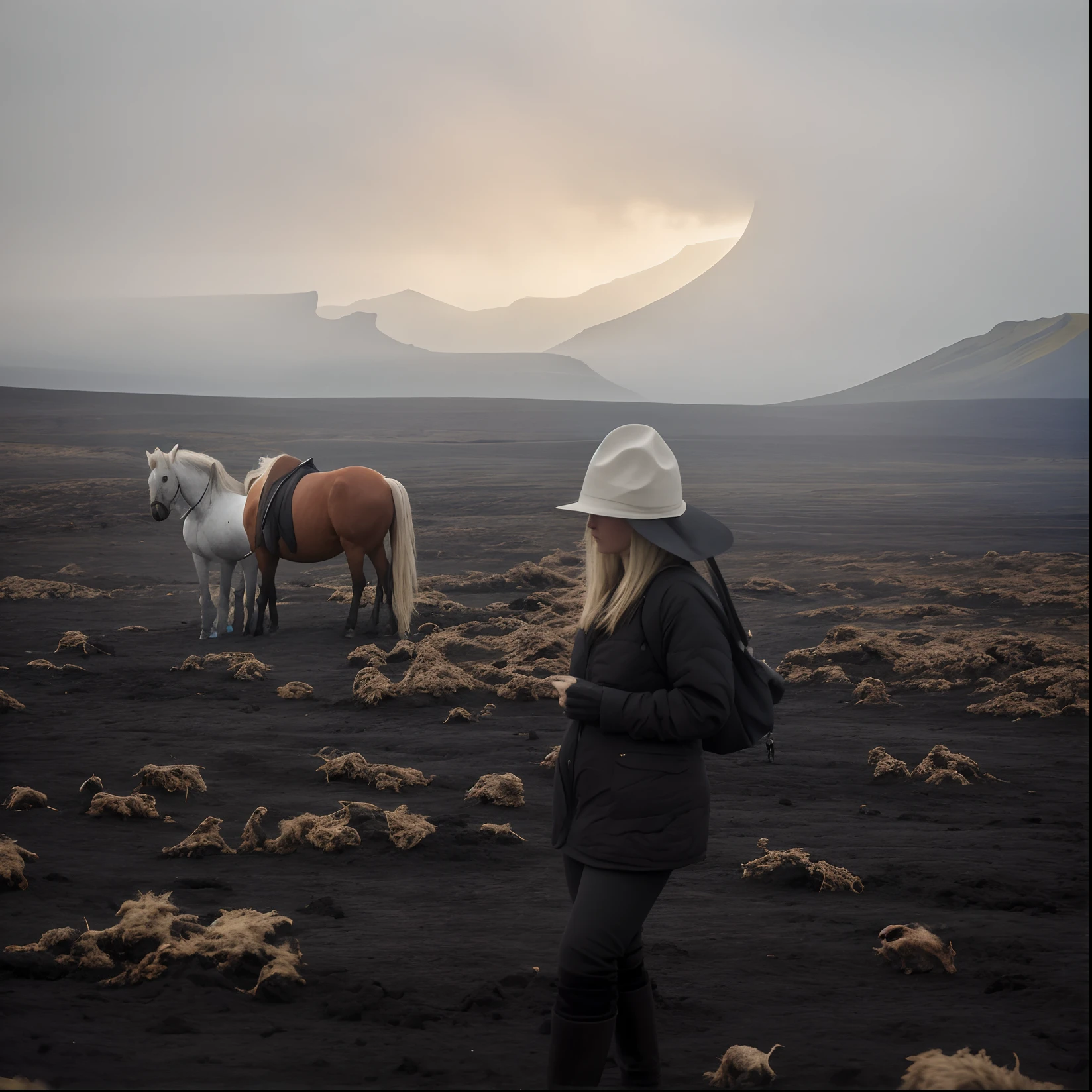 There was a woman standing in the field with two horses, iceland photography, iceland, stunning moody cinematography, in volcano, beautiful cinematography, inspired by roger deakins, stunning cinematography, still from nature documentary, the see horse valley, still from nature documentary, Beautiful lava landscape, In the volcano, Louisa Matthiasdotil, standing close to volcano