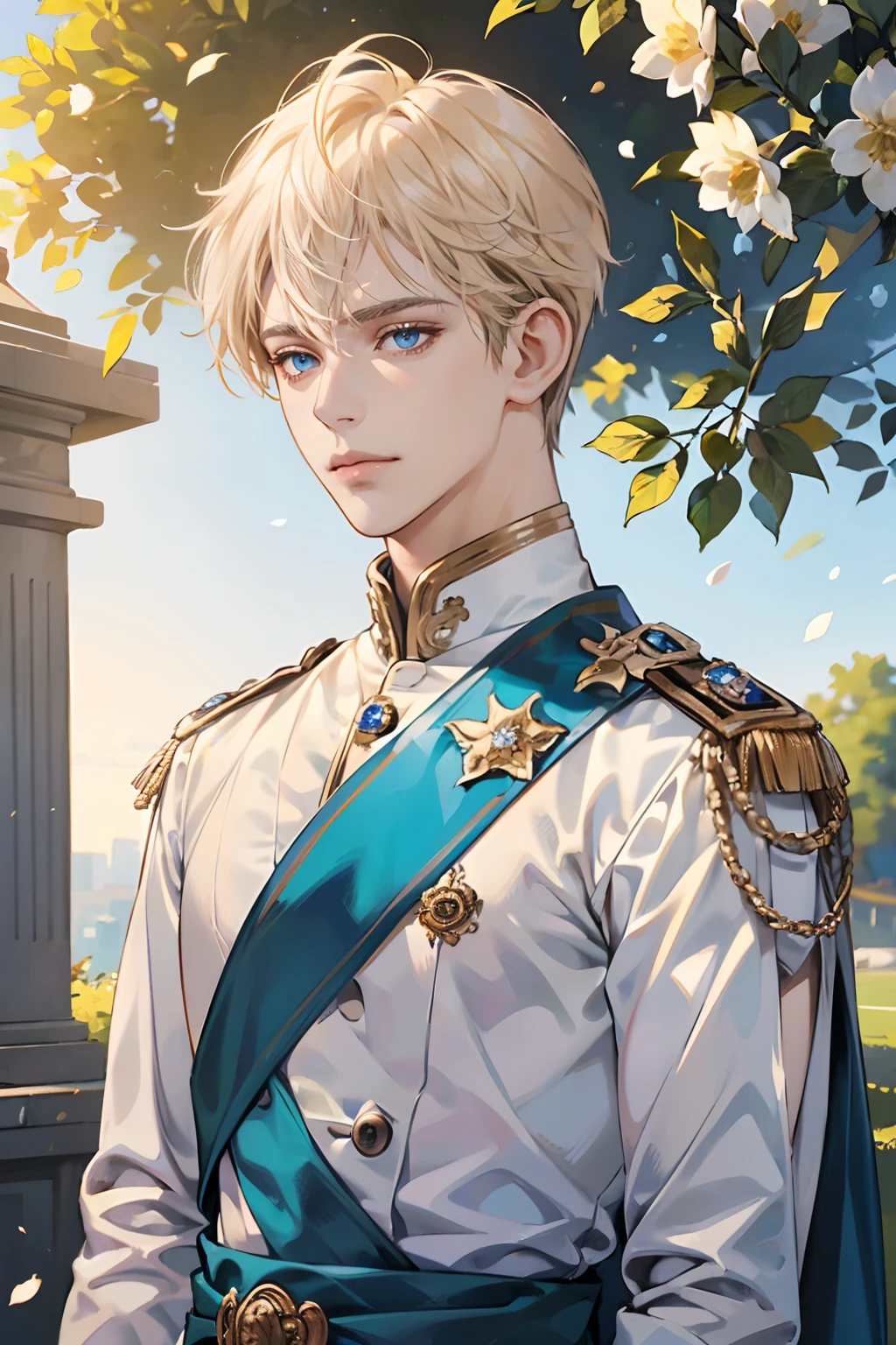 (tmasterpiece, high resolution, ultra - detailed:1.0), (1boy, adult male), Perfect male body,Eyes look at the camera, (prince:1.3), Delicate eyes and delicate face, Extremely detailed CG, Unity 8k wallpaper, Complicated details, solo person, Detailed face, (White royal costume, with short golden hair, Blue eyes, Sad expression), Outdoor, sonoko, Flowers and trees, marbled columns, color difference, Depth of field, dramatic shadow, Ray tracing, Best quality, Portrait