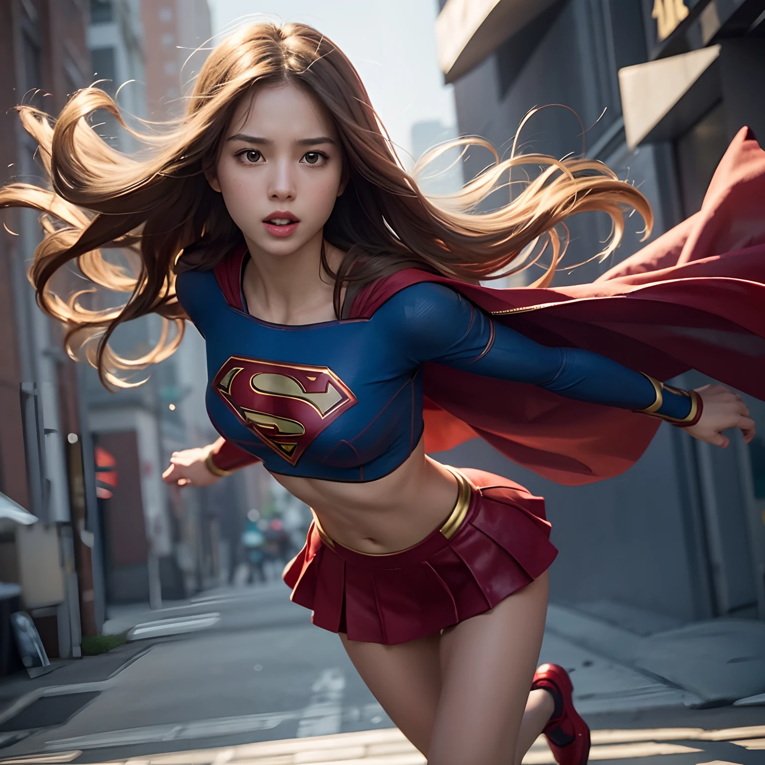 (1girl), solo,  long hair, full body, supergirl, crop top, superhero landing