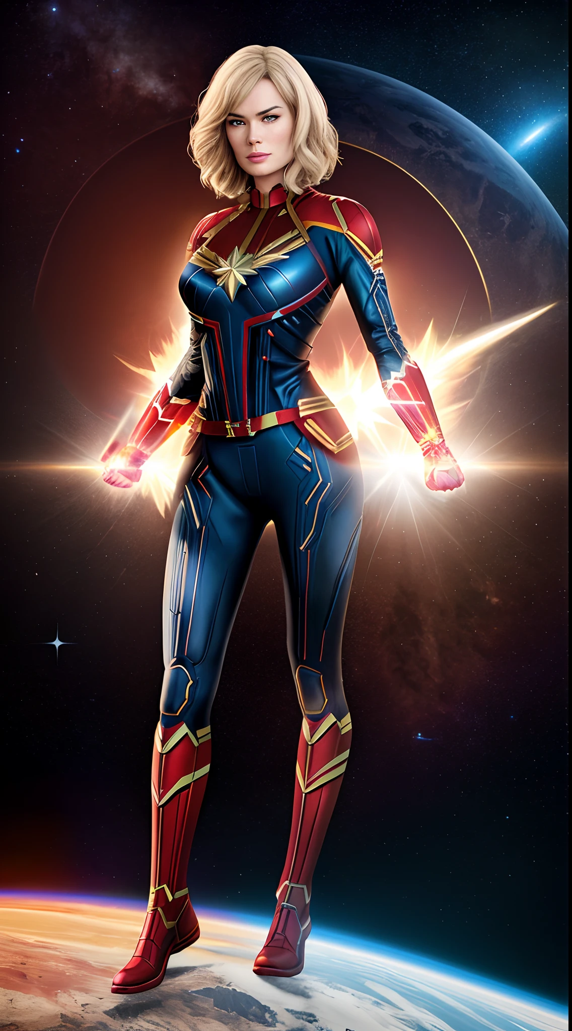 hyper real full-body photo of ((Lena Headey)), wears (Captain Marvel suit:1.2), in the space, planet Mars on background, beautiful, sexy, 1girl, blond, realistic proportions, realistic pupils, limited palette, highres, absurdres, cinematic lighting, 8k resolution, front lit, HDR, sunrise, RAW photo, Nikon 85mm, Award Winning, Glamour Photograph, extremely detailed, mind-bending