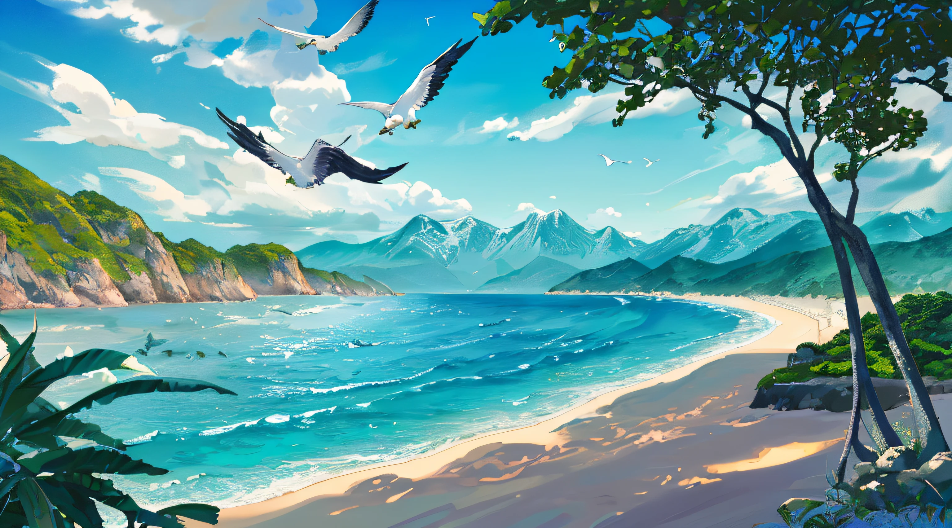 (best quality,4k,8k,highres,masterpiece:1.2),ultra-detailed),blue-sky,baiyun,Birds in the distance,the sea,Expansive picture,Faraway view,landscape,ocean waves,peaceful,tranquil,fresh air,serene atmosphere,soft sunlight,subtle breeze,sandy beach,seagulls flying,scenic beauty,endless horizon,vibrant colors,sky reflection on the sea surface,lush greenery,trees swaying,mountains in the background,splendid beauty of nature,harmony between land and sea,relaxing environment, full Background, no annoying character, get rid of the character, delete the character, kill the character, Background only, scenery only, extreme detail, close up, beach shores, not too far from camera, close to camera, close to camera beach shores, super close up, extremely super close up beach shores to camera, anime style
