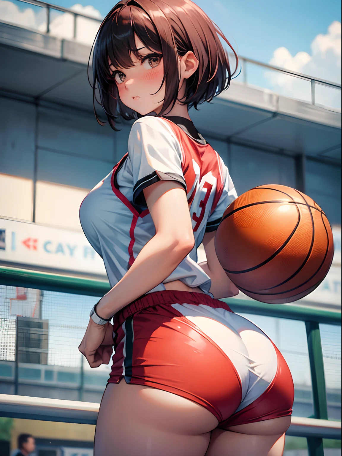 upturned ass,basketball,basket ball uniform,large full breasts,Gymnasium,Show the subject from behind,red blush, short hair