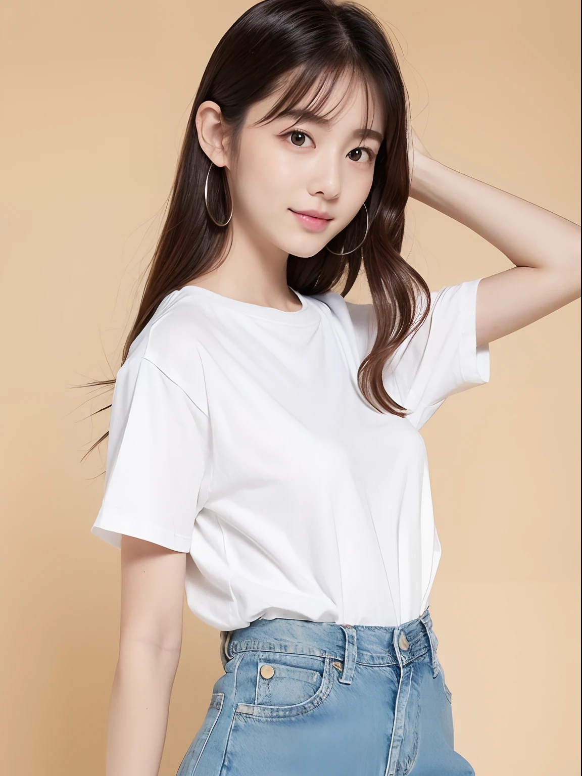 Denim bottom and simple white shirt、kawaii girl、modeled
