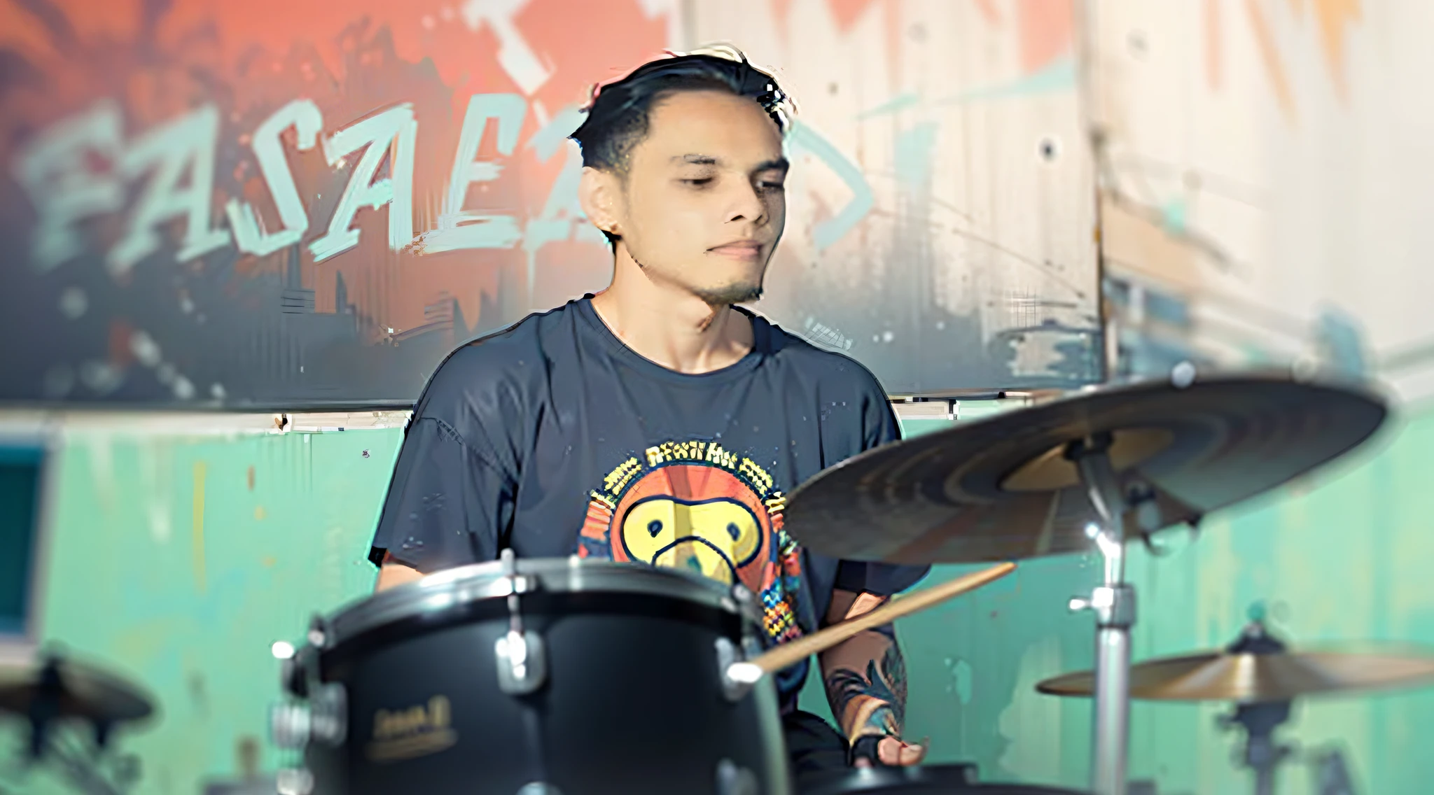 arafed man playing drums in front of a sign that says passalcats, drummer, playing drums, ramil sunga, style of ade santora, random artist, john jude palencar, josan gonzales!!!, henry ascensio, album photo, bassist, desaturated!!, alejandro, inspired by Ric Nagualero