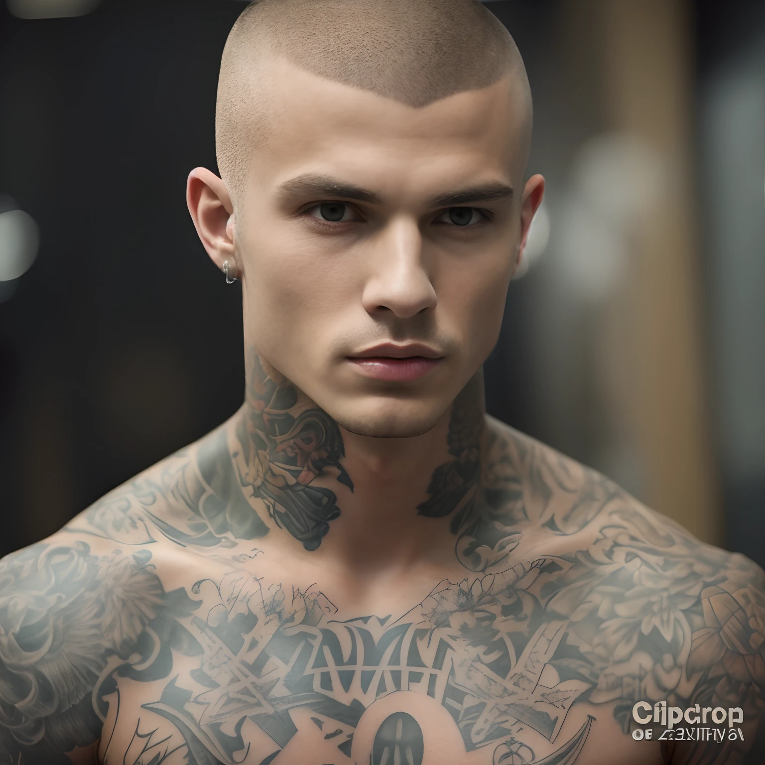 Young man with tattoos on chest and neck, rapaz tatuado, Buzzcut marrom, macho Tatuado, short hair on top of his head, rosto largo raspado limpo, linha angular do maxilar, shaved head, modelo masculino, Stephen James 8k