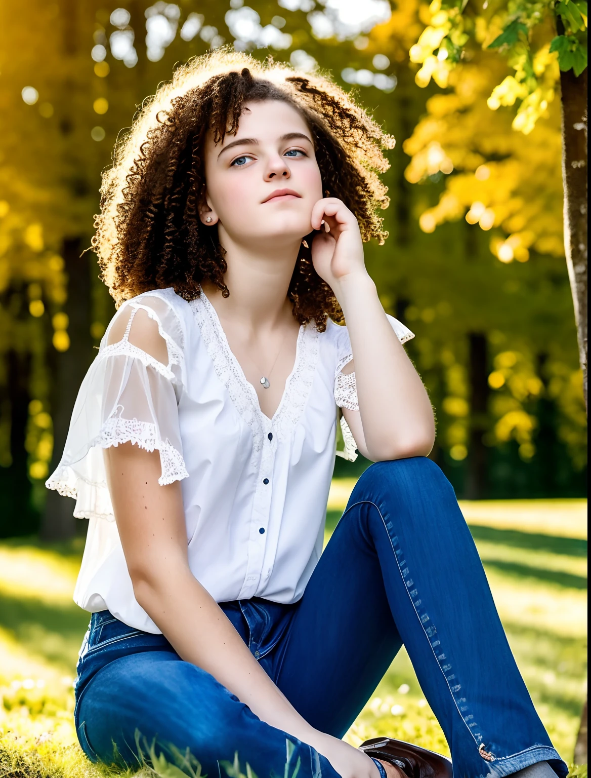 scent, fille noire, Curly, 16 an outdoor, Yeux verts, sitting down, mignon, photographie, photo, real, Realstic, gros seins, boucle d'oreille, piercing, Jean, chemise, automne, parc
