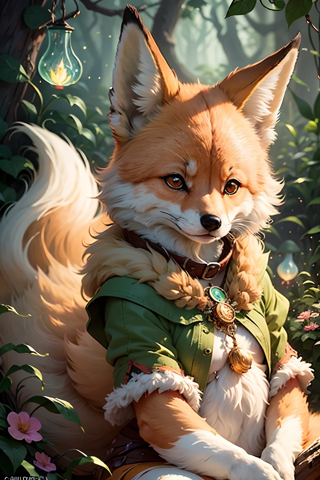Picture a whimsical digital illustration of an endearing lady with expressive green eyes, wearing an adorable fox costume with fluffy ears and a bushy tail, surrounded by a fantastical realm of oversized mushrooms and glowing fireflies, reminiscent of the imaginative worlds found in Studio Ghibli films, producing a high-resolution image that radiates innocence and wonde --auto --s2