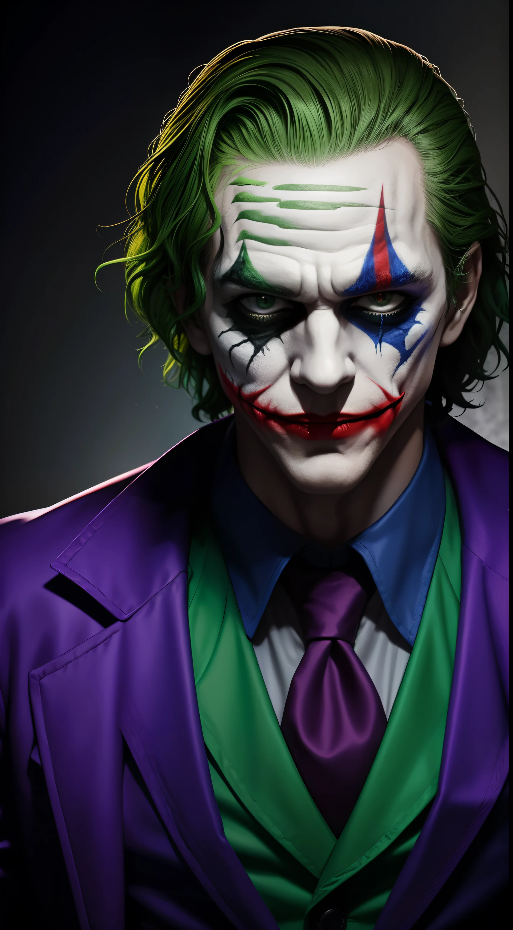 coringa, um perturbador, Chaotic-looking man. His face is painted with a macabre makeup, criando um sorriso sinistro em sua boca. Her messy green hair contrasts with her pale skin. Ele veste um terno roxo desbotado, desalinhado e manchado, reflecting its chaotic and sloppy nature.an ironic and disturbing detail.The Joker is an enigmatic and frightening figure, with a manic expression and eyes that seem to hide dark secrets. Your makeup creates a mask that hides your true emotions and intentions, acrescentando uma aura de imprevisibilidade.

[3] The scenery is dirty, beco escuro de Gotham City, com lixo acumulado e paredes grafitadas. The chaotic and decadent environment reflects the Joker's personality, while the shades of purple and green highlight its unique presence.

The environment is tense and full of dangers, sugerindo que qualquer coisa pode acontecer a qualquer momento. The Joker seems at ease in this hostile environment and is ready to execute his malicious plans.

[5] Estilo: Digital illustration with a touch of distortion and exaggeration, capturando os detalhes da maquiagem do Coringa e a textura desgastada de seu terno roxo. The colors are intense and contrasting, com destaque para os tons de roxo e verde. The lighting creates dramatic shadows and enhances the disturbing elements of the scene.

[6] --AR 16:9 --V 5